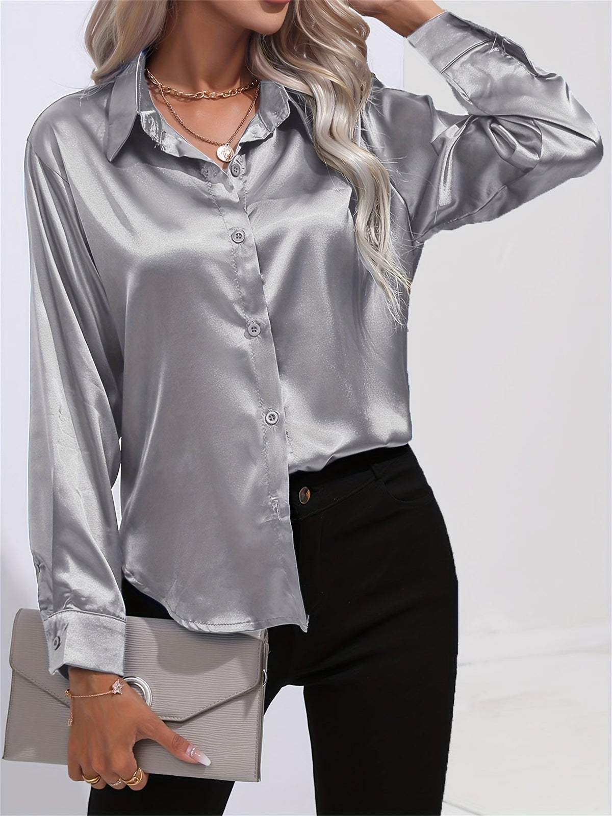 Lapel-collar Satin-satin-faux Silk Long-sleeved Shirt