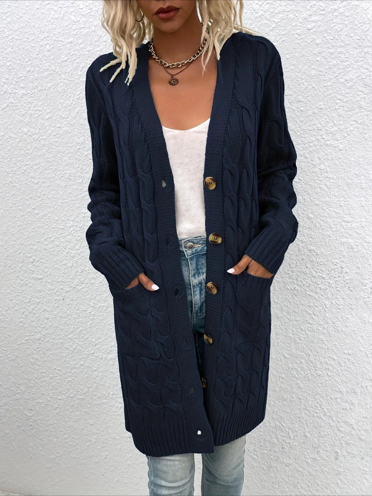 Elegant Long Nylon Soft Warm V-Neck Long Sleeves Sweater with Button Front