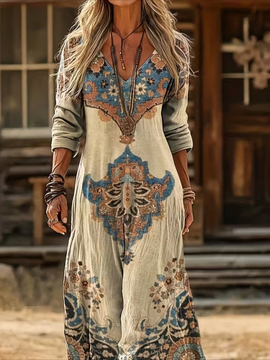 Vintage Ethnic Floral Digital Print Long Sleeve Dress