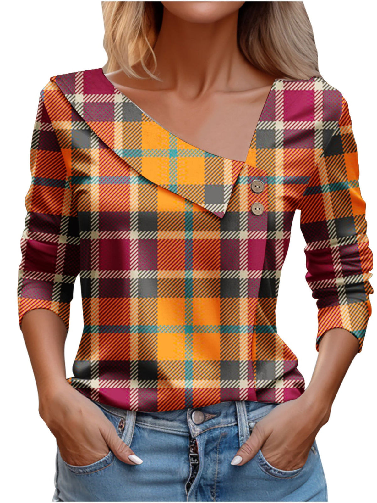 Chic Plaid Print Elegant Long Sleeve V-Neck T-Shirt