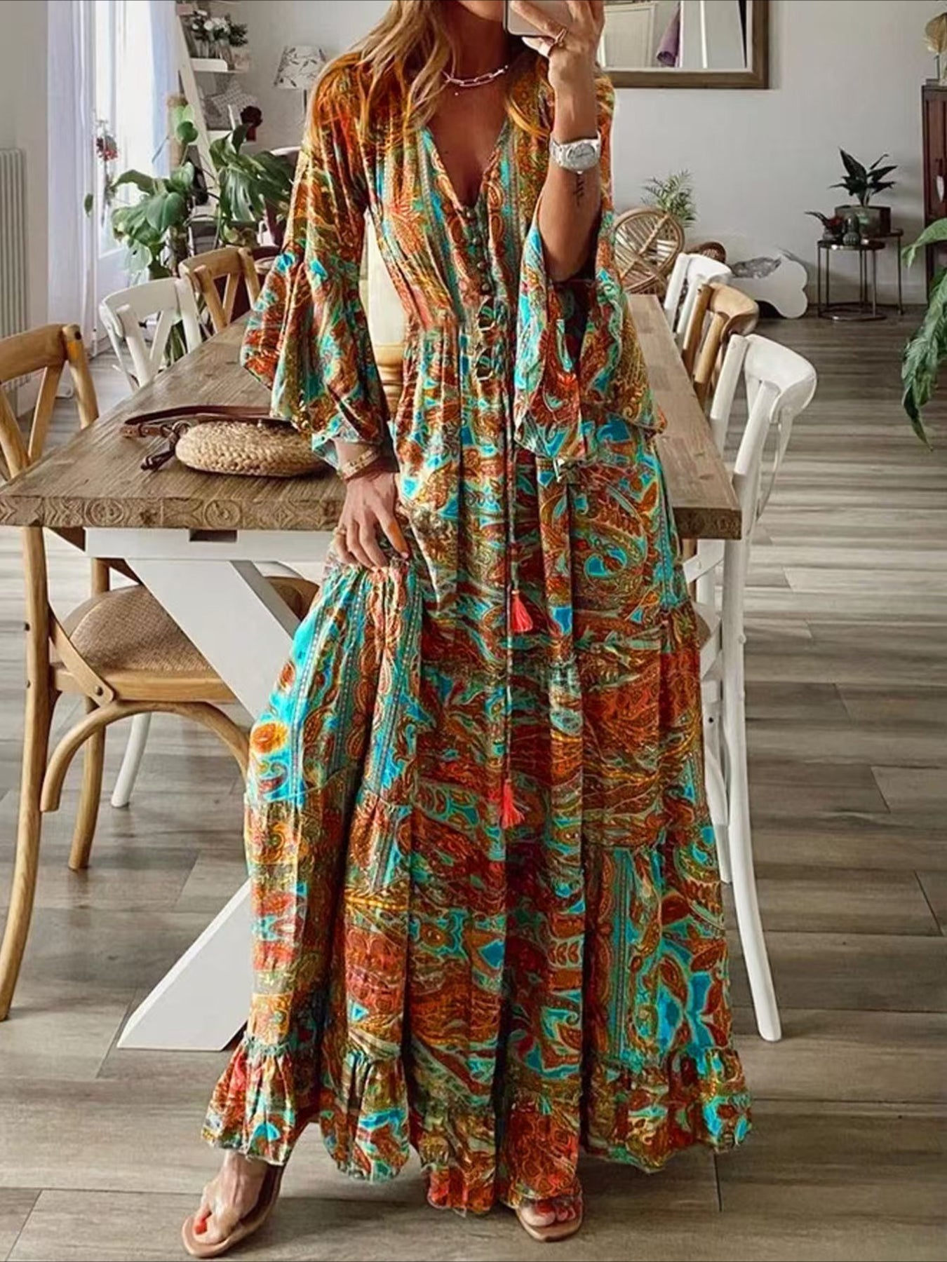 Vintage Casual Daily Regular Fit Floral Long Sleeve V Neck Maxi Dress
