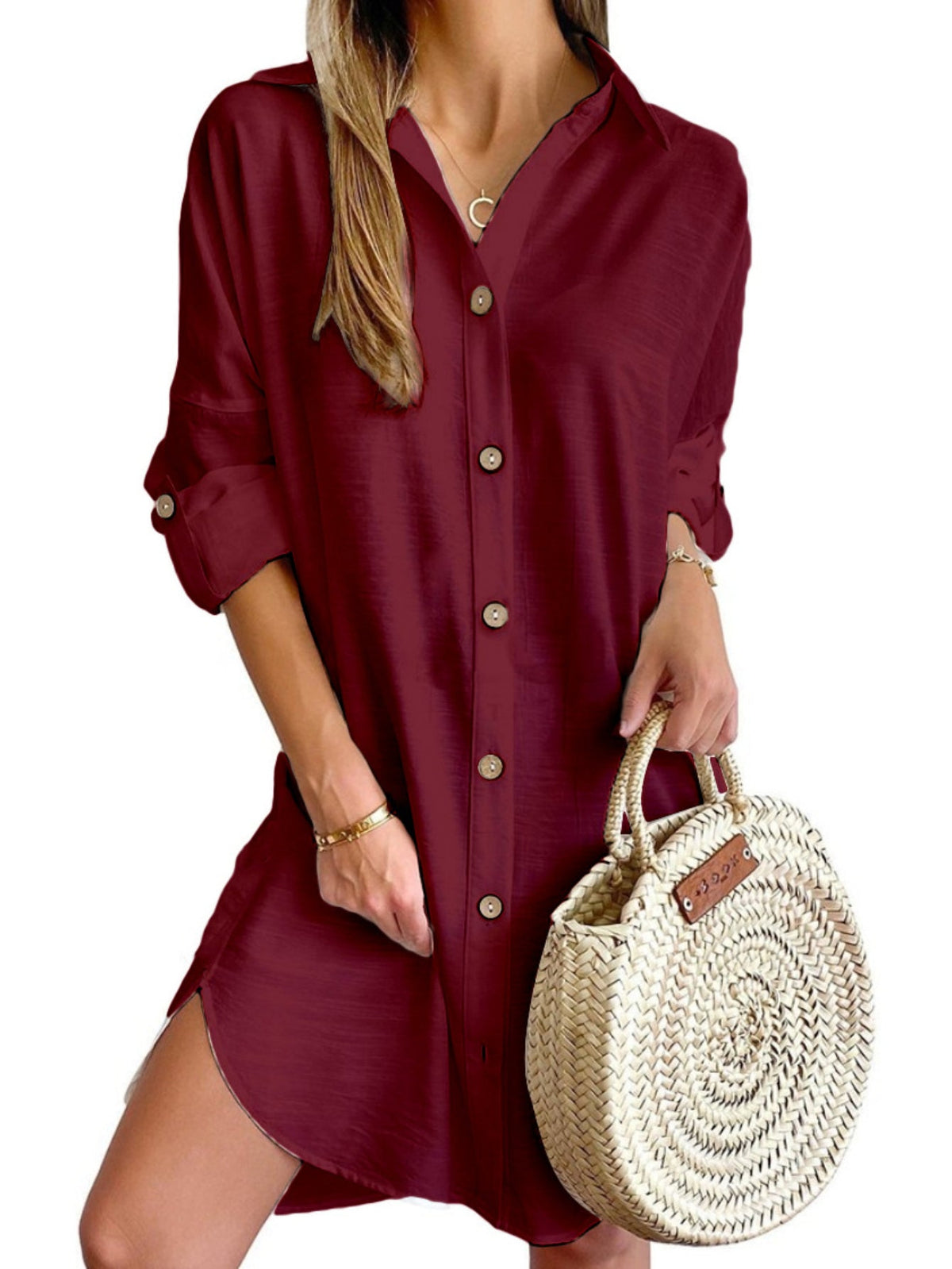Solid Color Button Front Shirt Dress, Casual Long Sleeve Lapel Dress