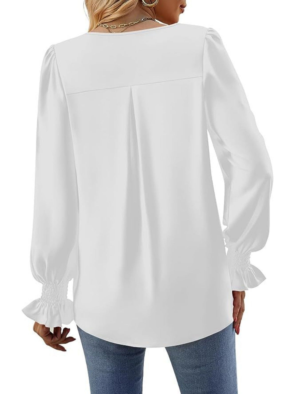 Solid V Neck Simple Blouse, Elegant Long Sleeve Ruched Blouse