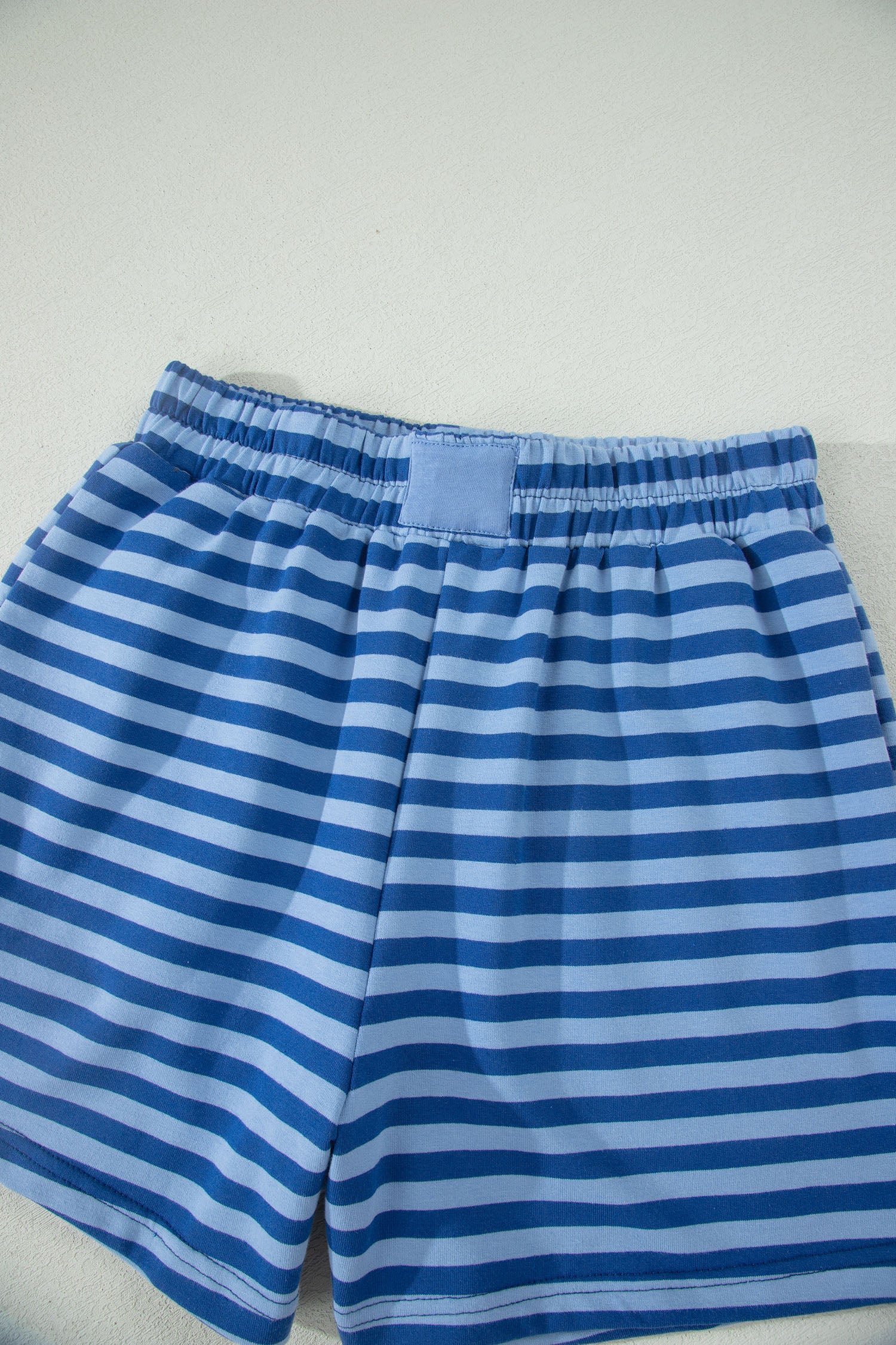 Blue Stripe Striped Ribbed Cotton Two-Piece Short Set with Chest Patch Detail