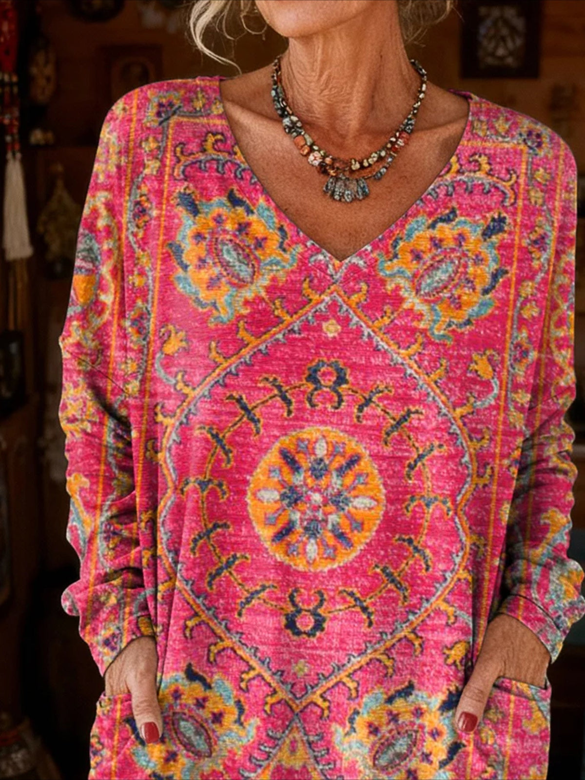 Long Sleeve Spring/Fall Floral Printing V Neck Daily Going Out Vintage Top