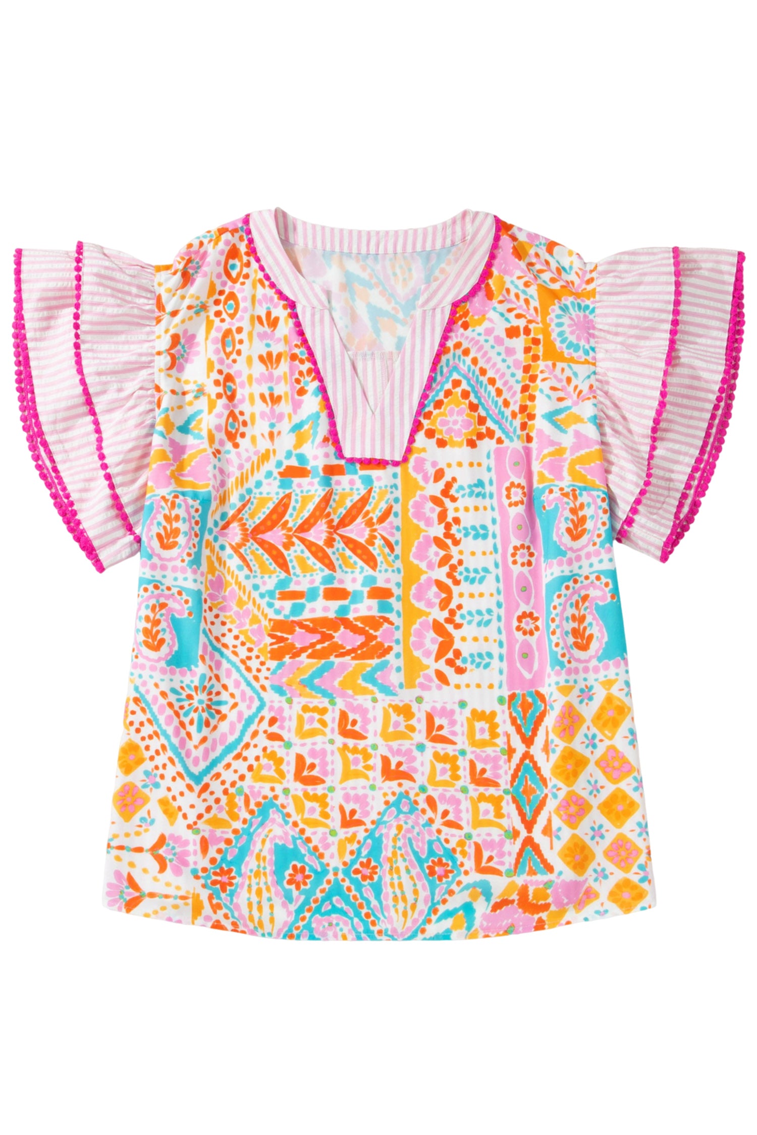 Rose Plus Size Geometric Print Contrast Trim Striped V Neck Blouse
