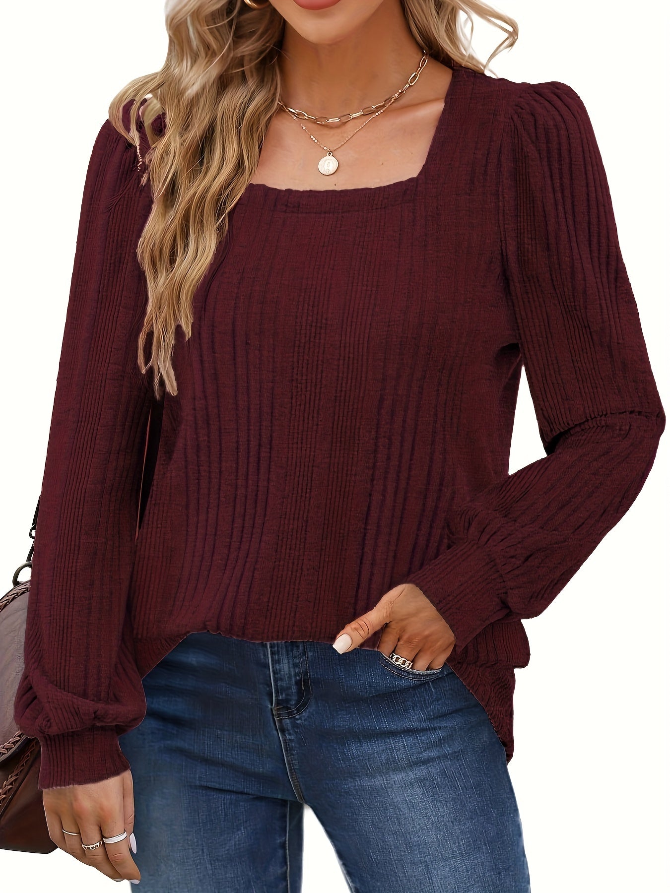 Solid Square Neck Rib Knit Top, Elegant Long Sleeve Sweater