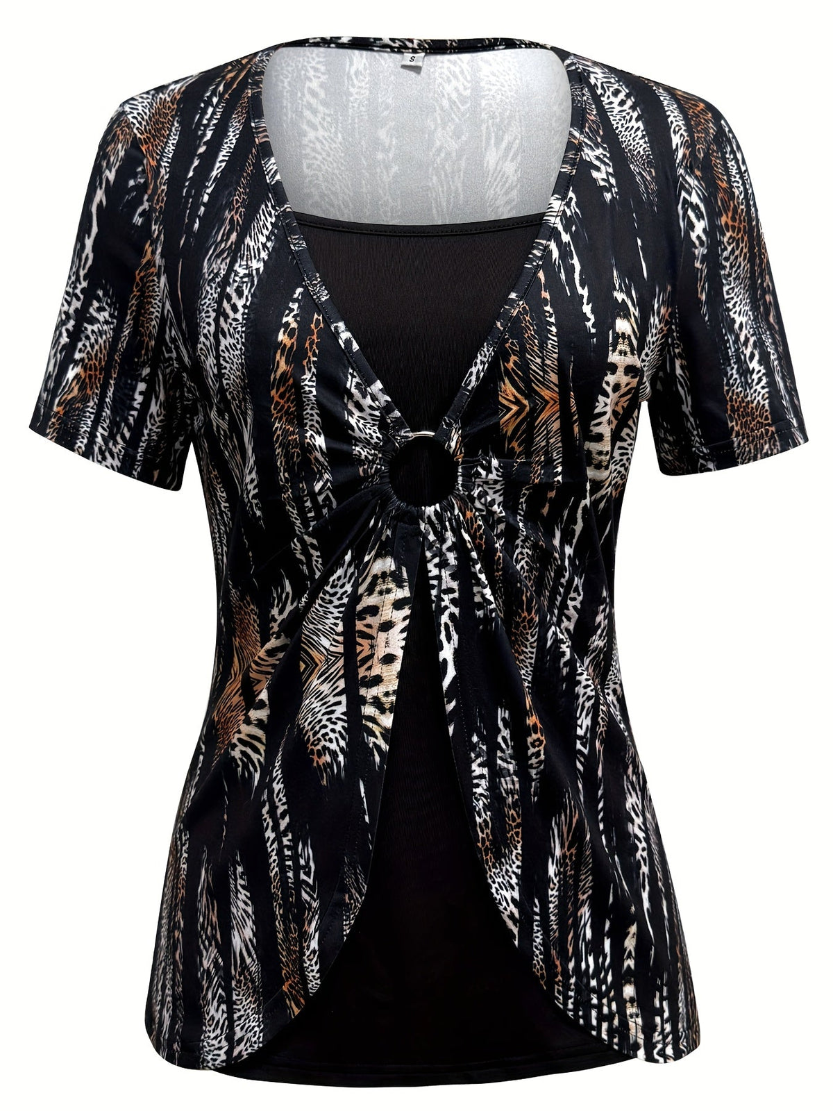 Maroon & Black Stretchy Polyester Blend Print Square Neck Short Sleeve T-Shirt