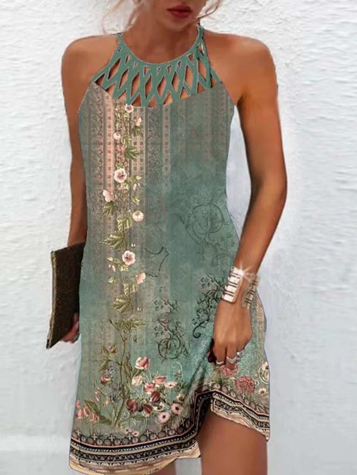 Butterfly Pint Cut Out Dress, Casual Sleeveless Bodycon Dress