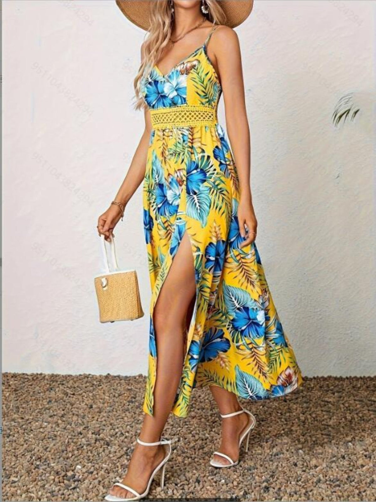 Floral Print Spaghetti Strap Elegant Sleeveless Split Dress