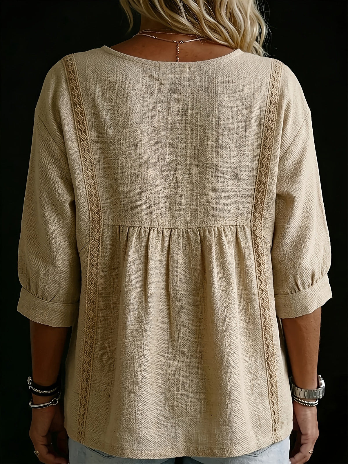 Casual Seven-Point Sleeve Lace V-Neck Pullover Multi-Color Tops