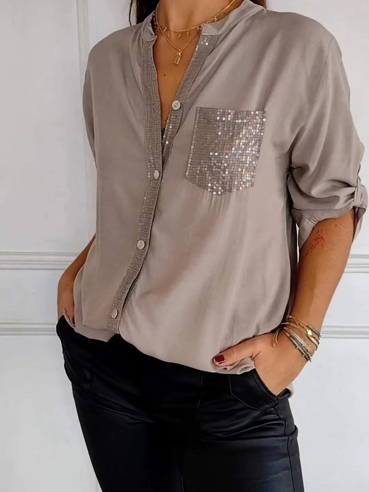 Solid Color Casual V-Neck Sequin Loose Fit Long Sleeve Blouse