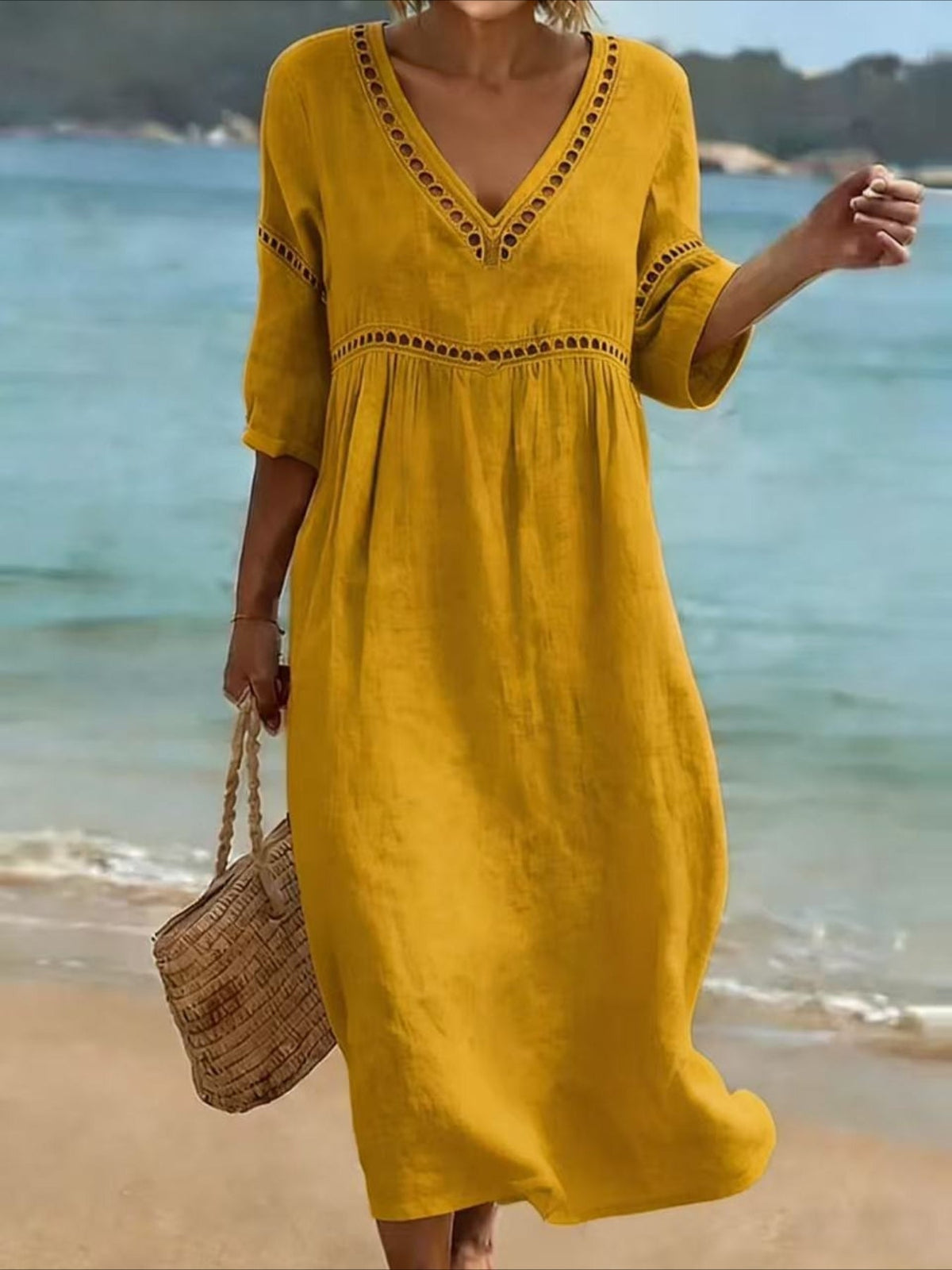 Casual V-Neck Solid Color Hollow Out Dress