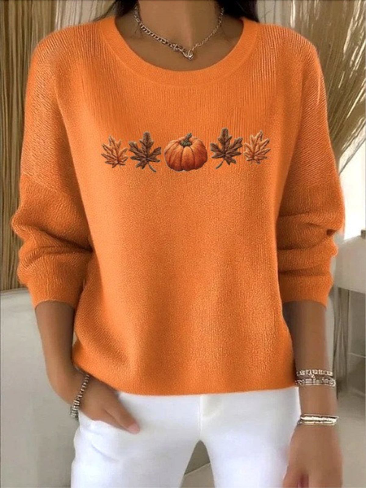 Crew Neck Floral Long Sleeve Comfy Casual Sweater Tee