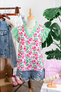 Multicolour Sweet Floral Print Striped Ruffle Trim V Neck Blouse