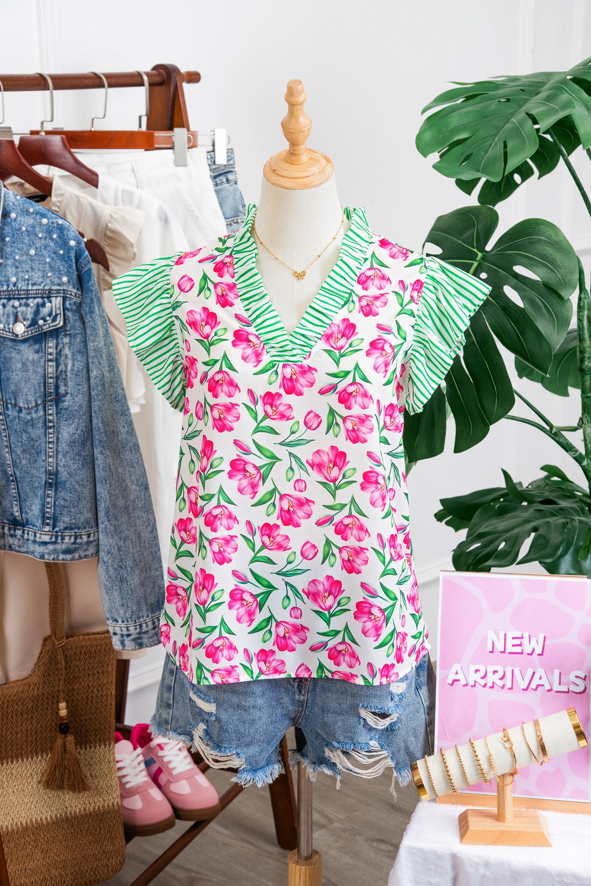 Multicolour Sweet Floral Print Striped Ruffle Trim V Neck Blouse