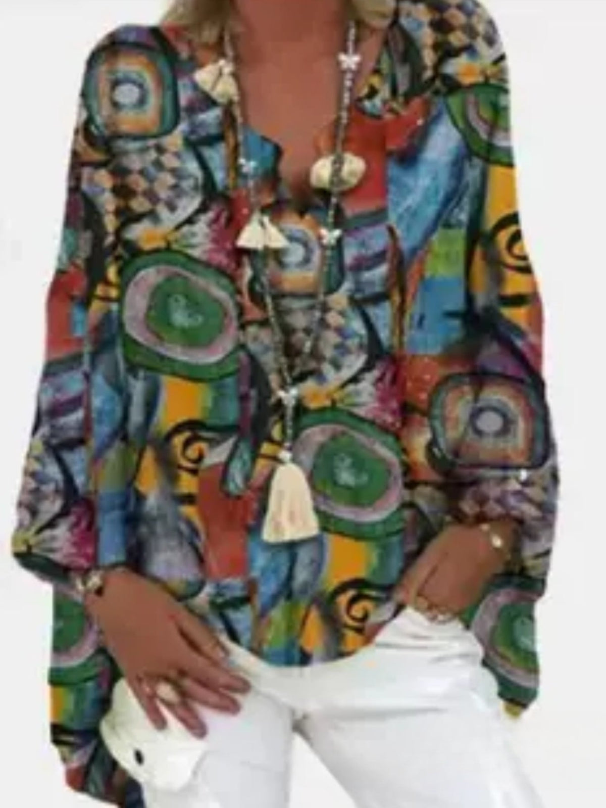 Women's Tile Print Long Sleeve Notched Neck Loose Fit T-shirt