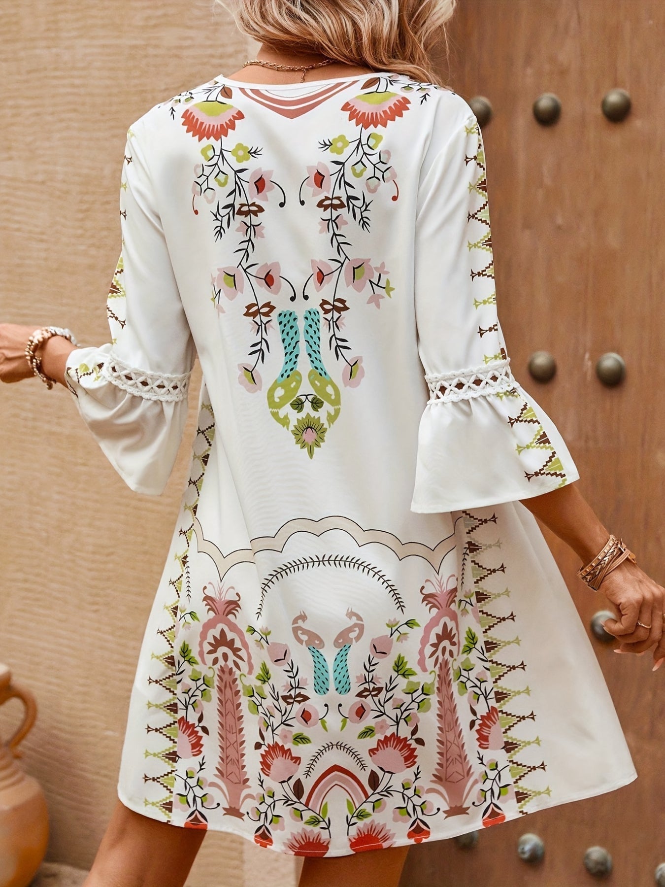 Tribal Print Contrast Lace Smock Dress, Vacation Flared Sleeve V-neck Loose Dress