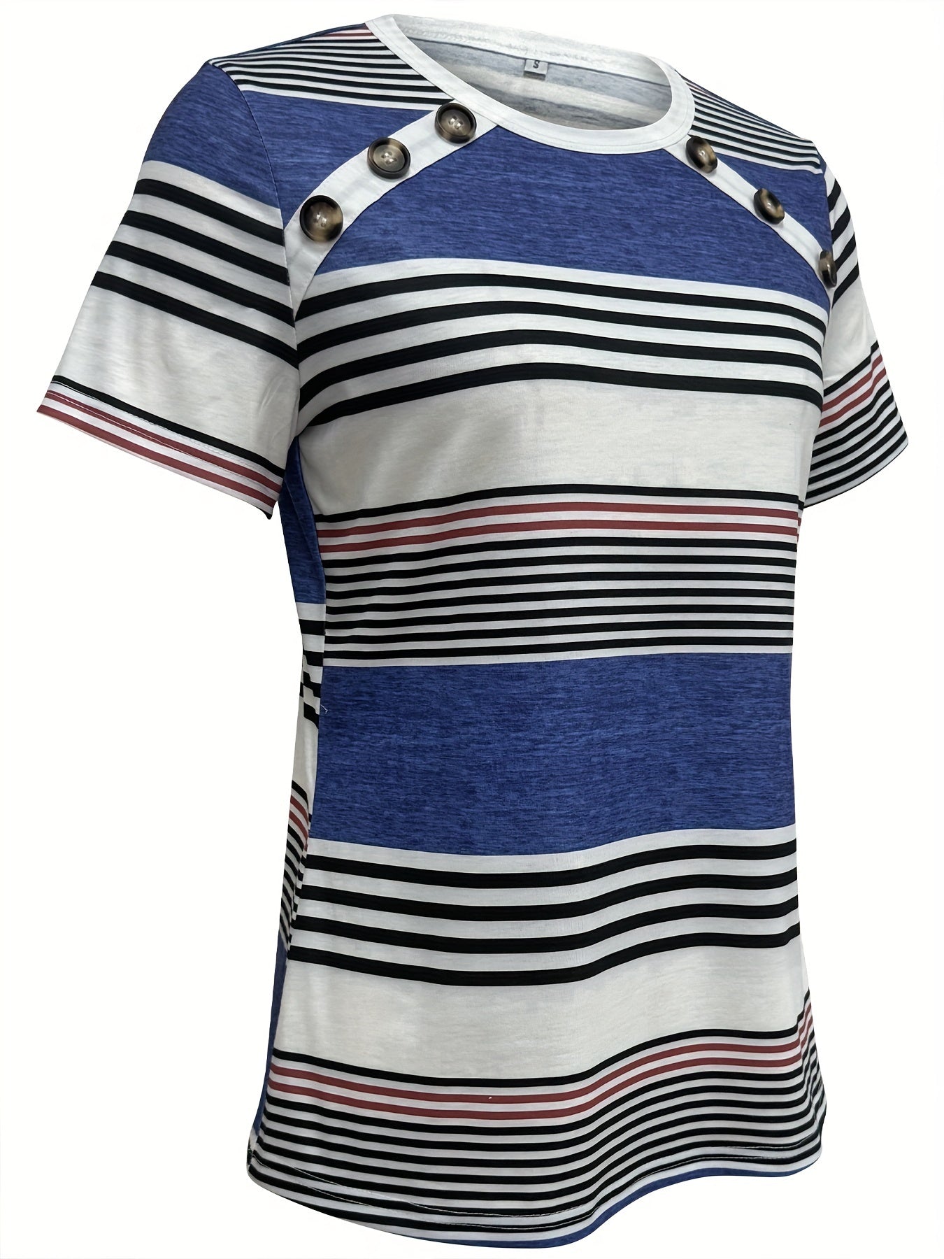 Button Front Vibrant Striped Short Sleeve Crew Neck T-Shirt