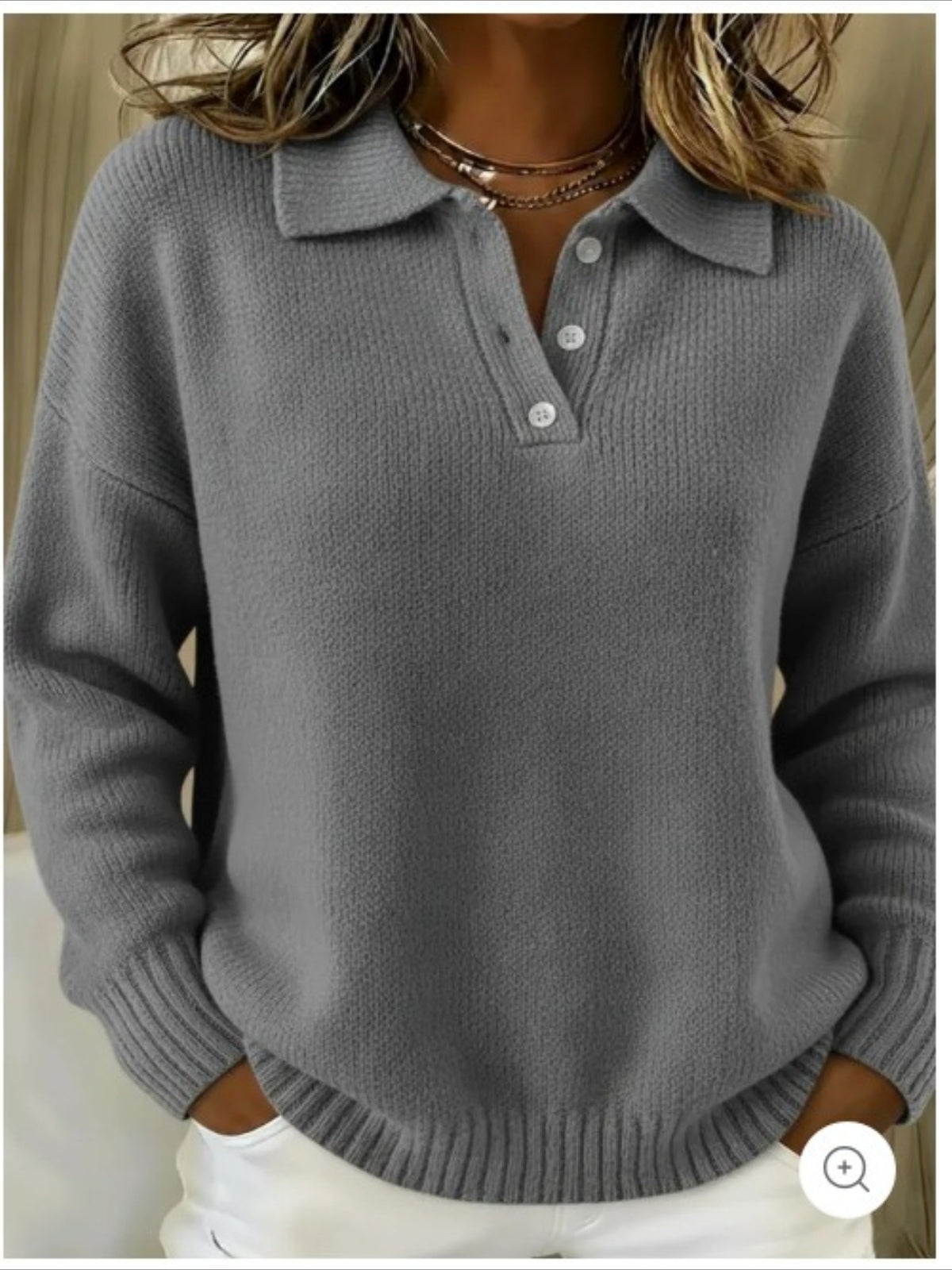 Classic Polo Neck Button-Down Solid Color Sweater Top