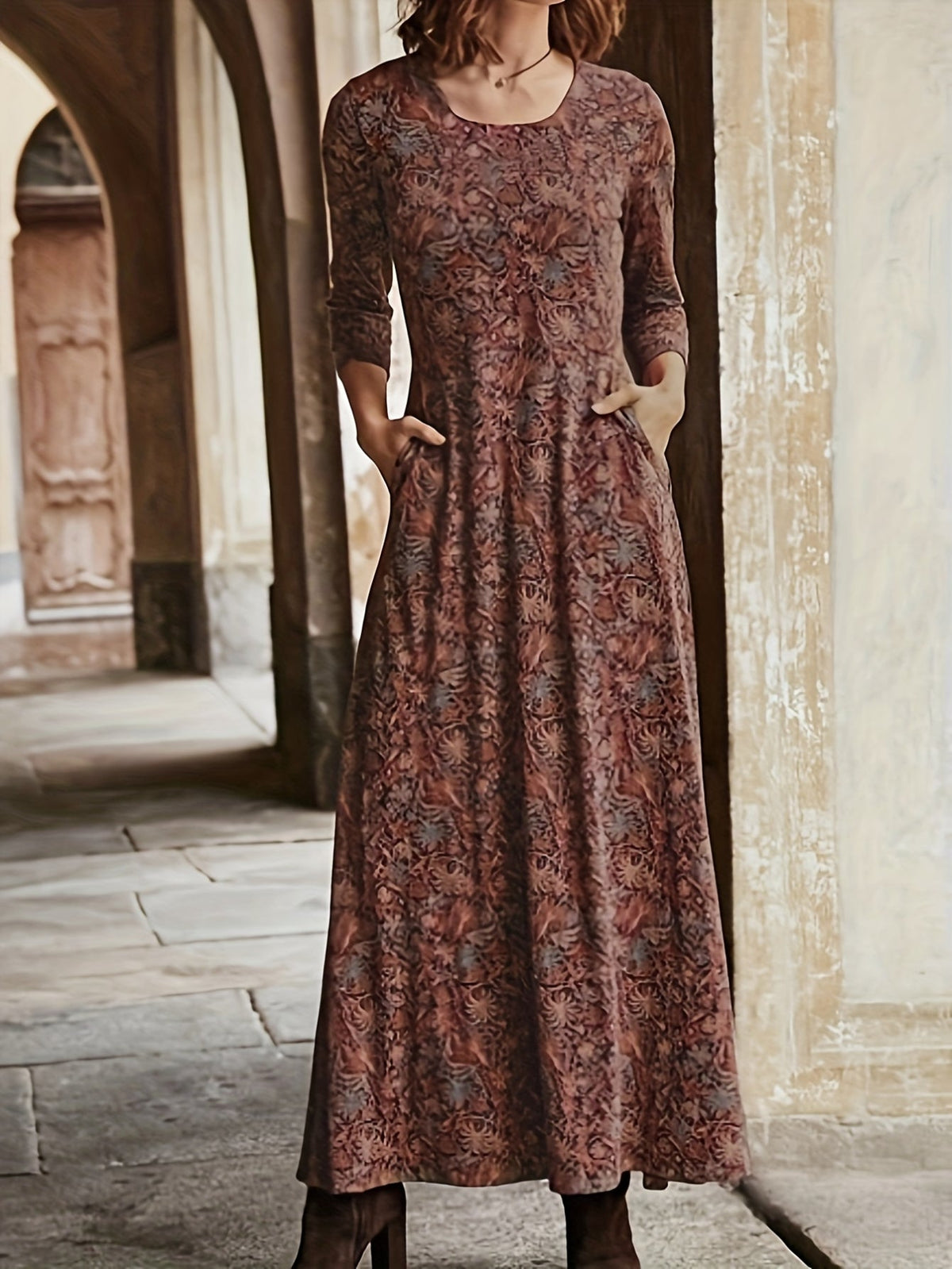 Chic Floral Print Maxi Dress - Stylish Crew Neck Long Sleeve - Comfortable Casual Wear