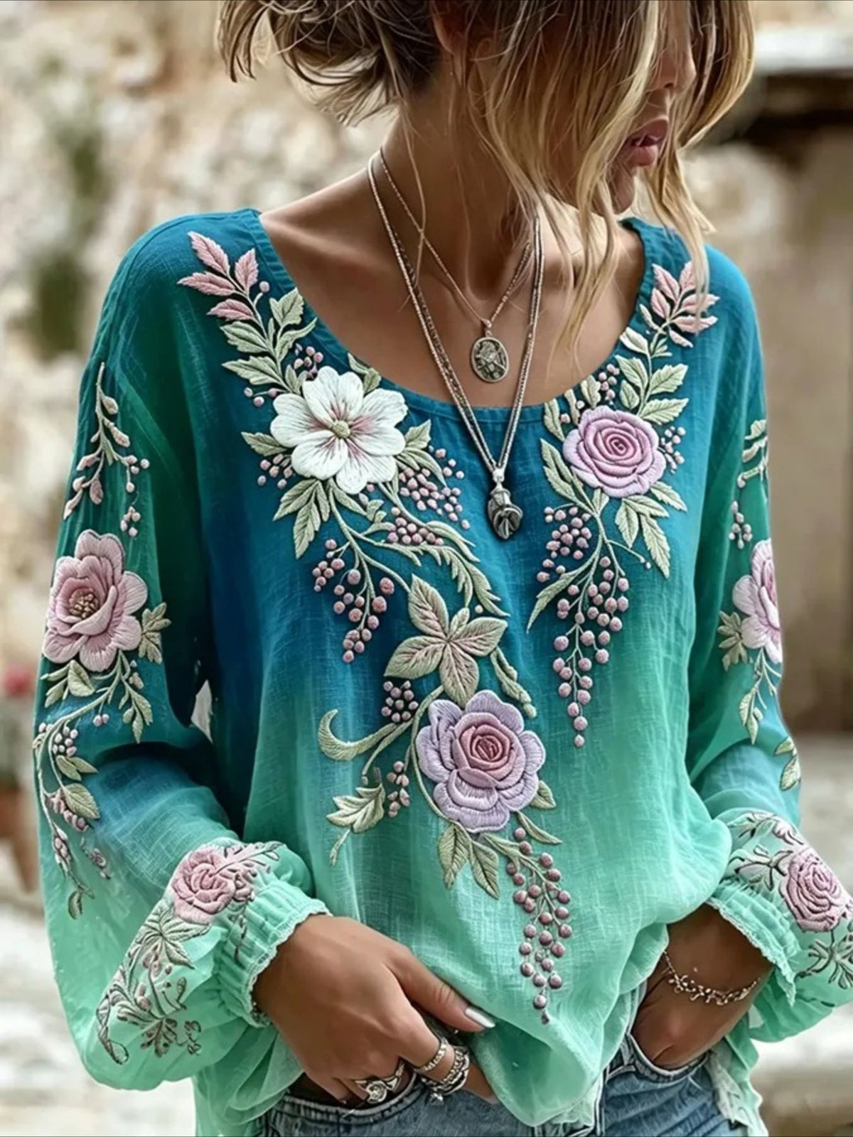 Floral Crew Neck Long Sleeve Blouse
