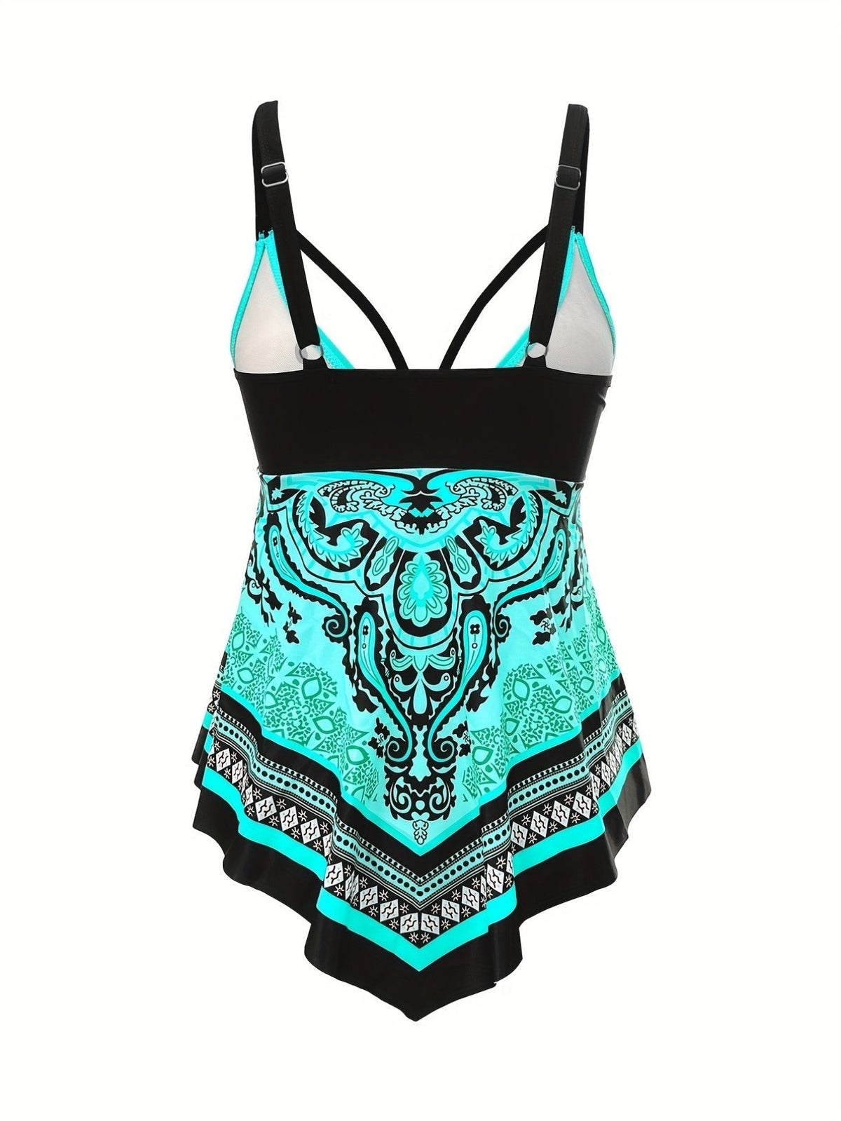 Tribal Print 2 Piece Set Tankini, V Neck Hanky Hem High Cut Swimsuits