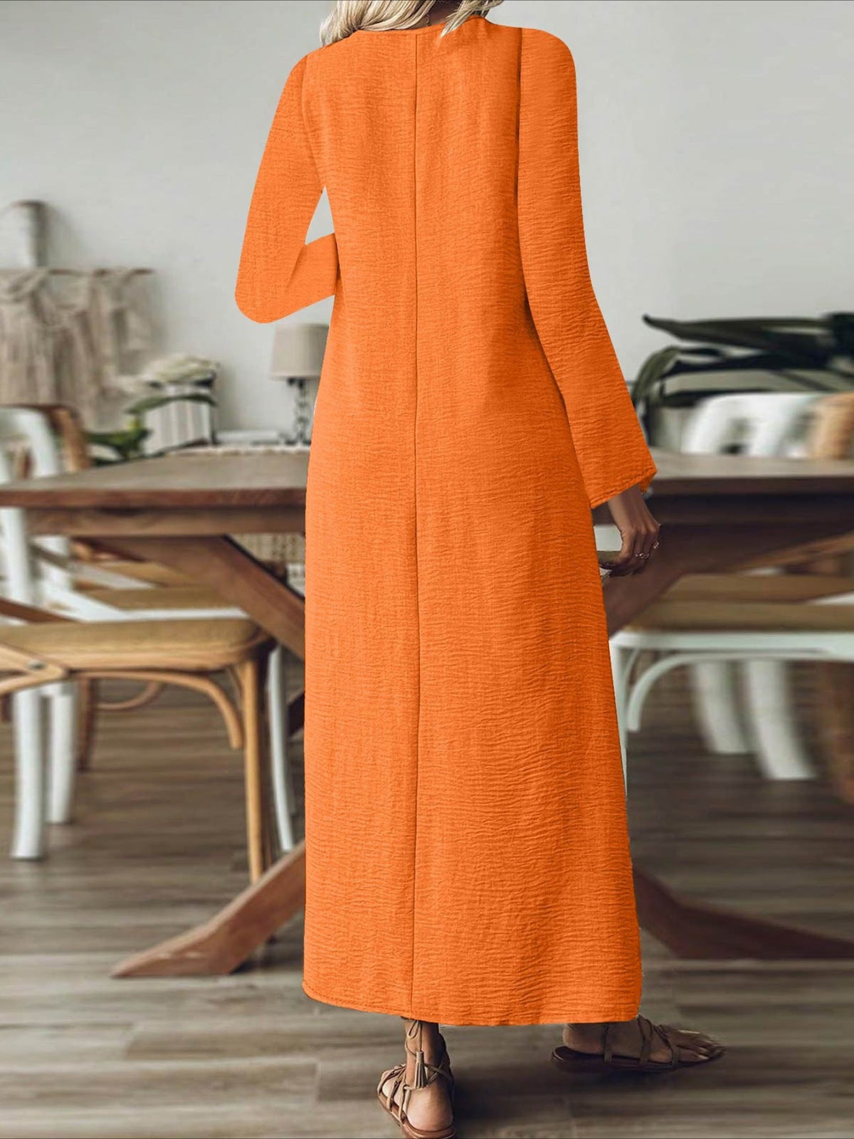 Back Zipper Solid Color Long Sleeve Cotton and Linen Dress