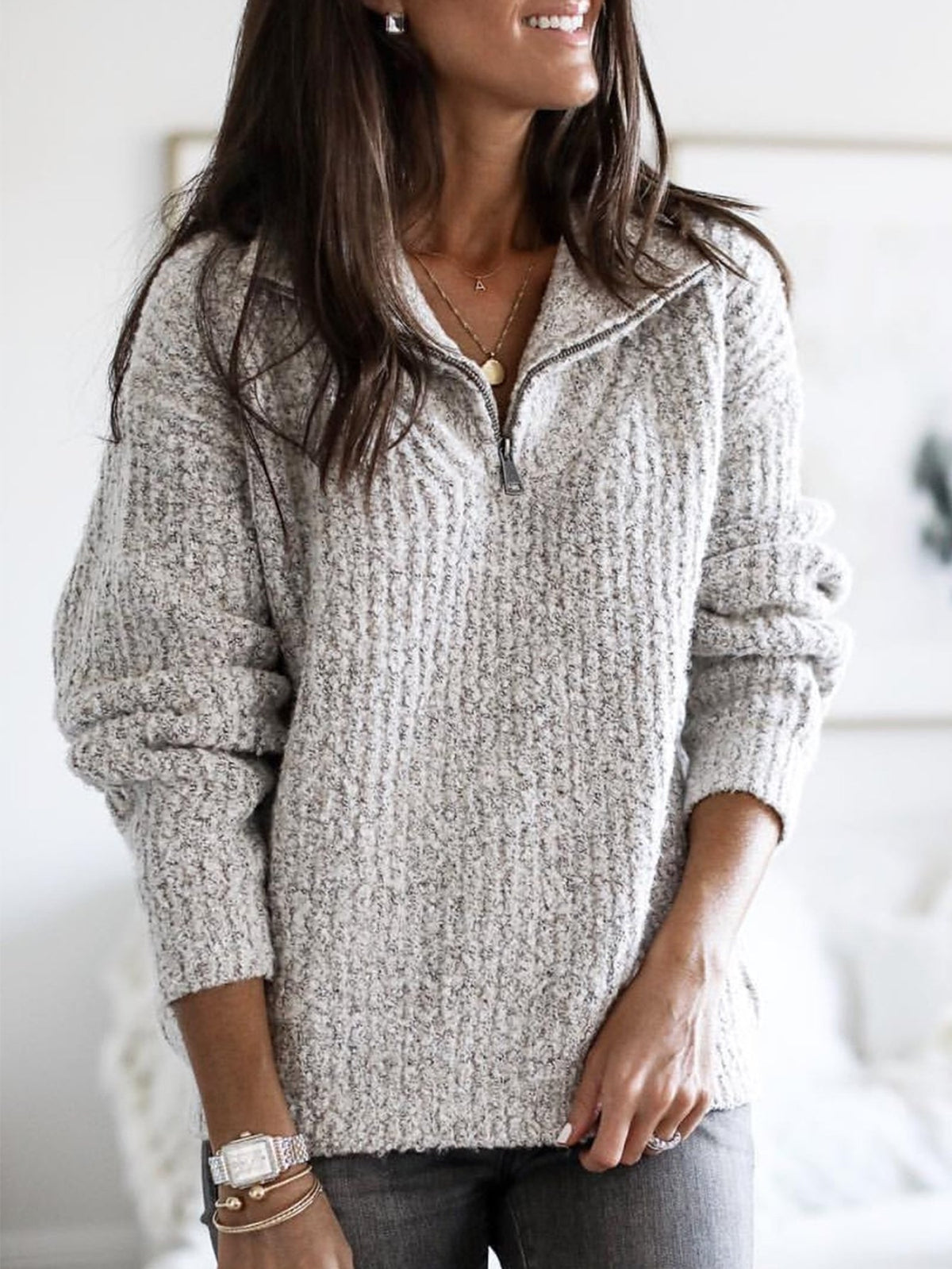 Chic Floral Yarn Half-Zip Pullover - Cozy & Casual Sweater, Soft Polyester Blend
