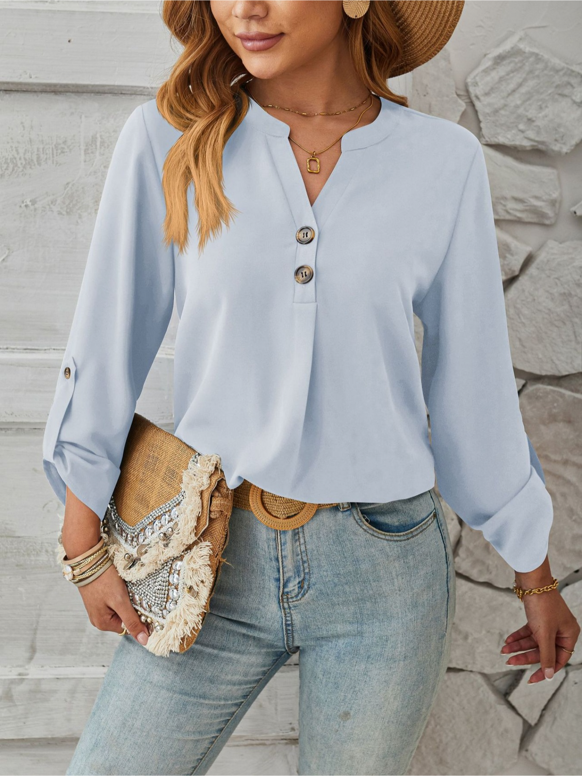 V-Neck Solid Color Comfortable Breathable Casual Long Sleeve Top