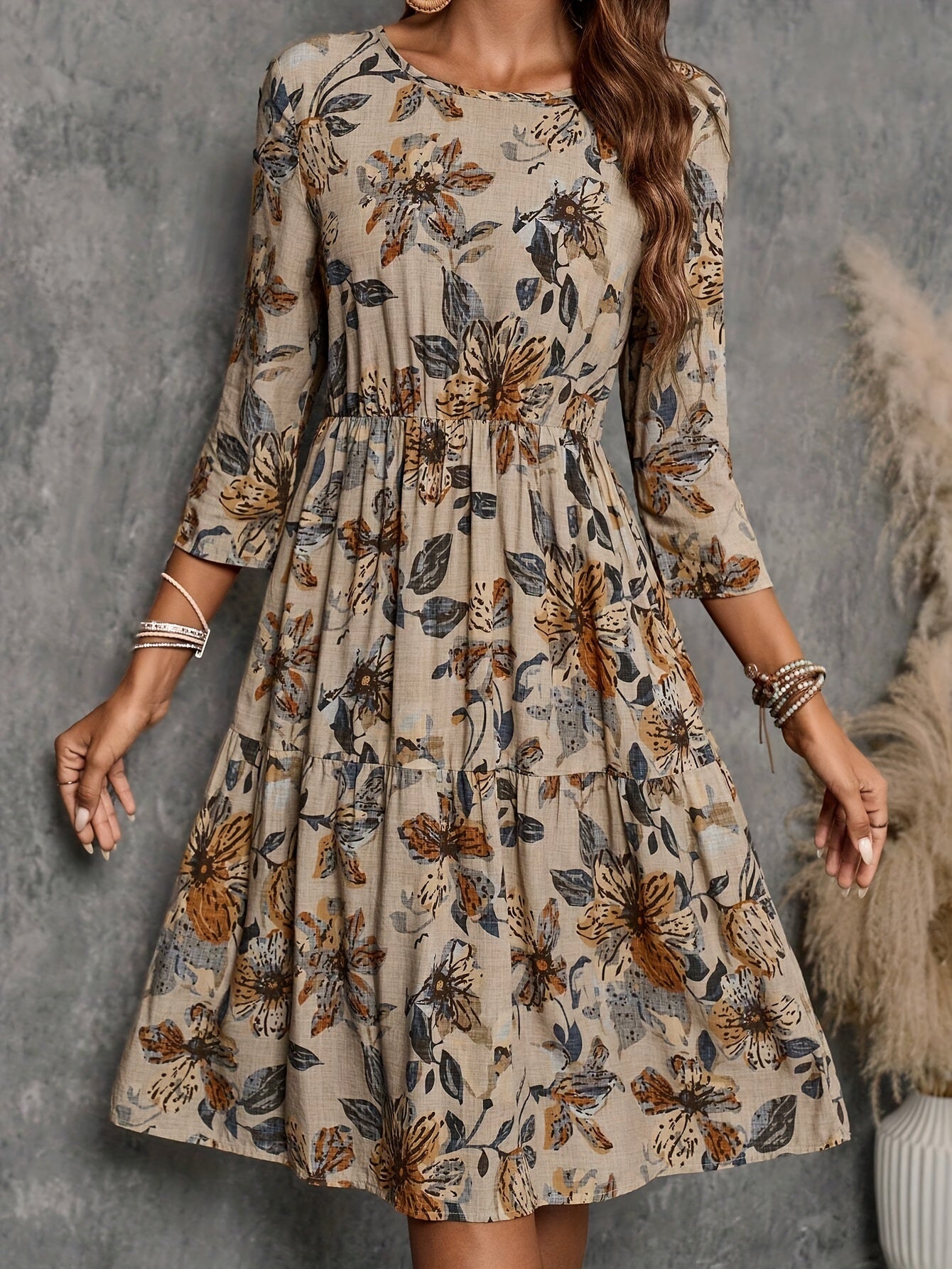 Elegant Floral Print Dress for Women - Crew Neck, 3/4 Sleeve, Polyester, Machine Washable