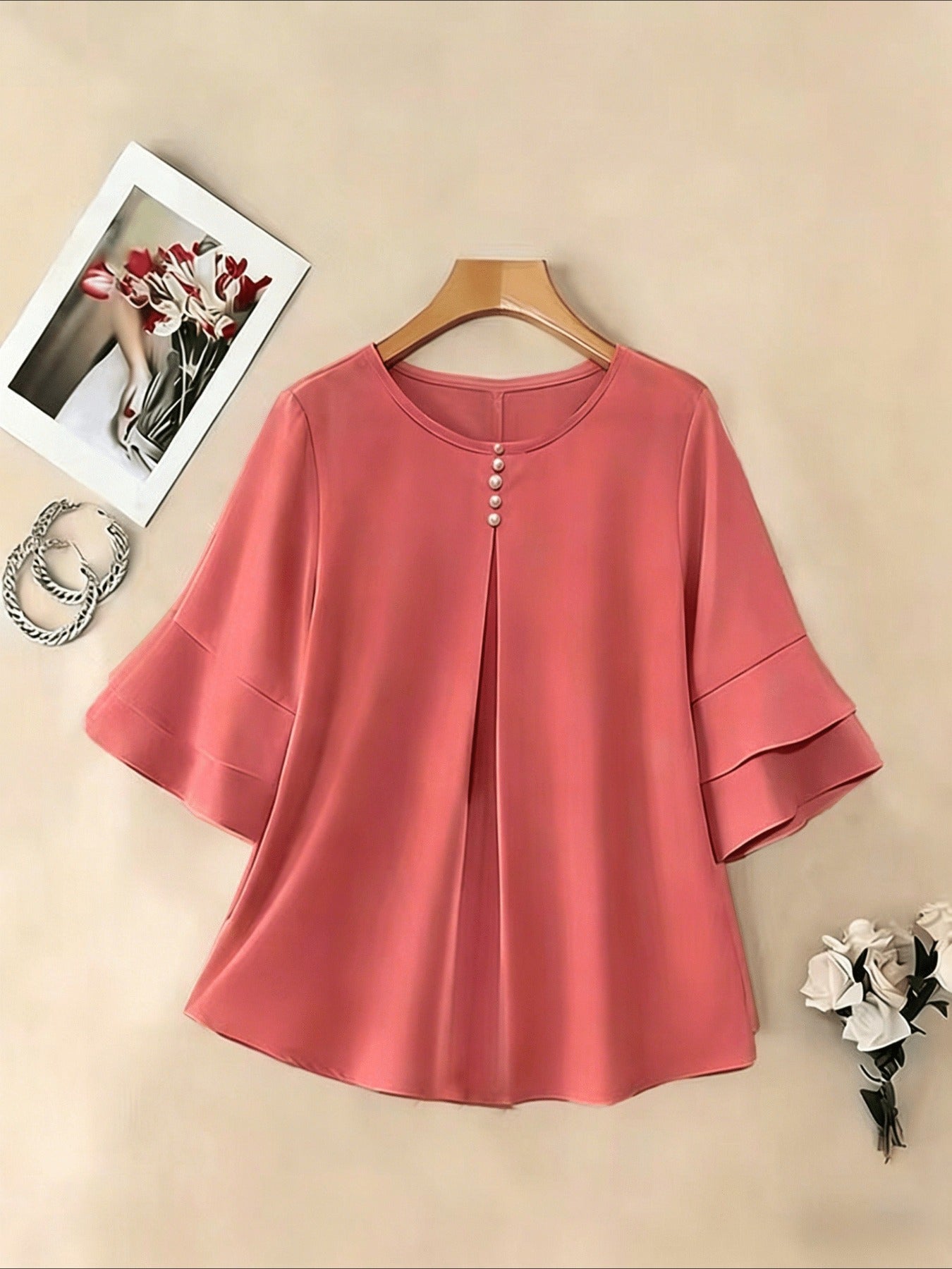 Elegant Fashion Summer Loose Solid Round Neck Button-Up Shirt Flared Sleeve Ruffle Top