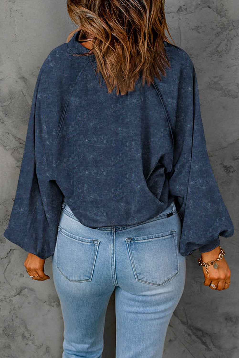 Blue Washed Snap Buttons Lantern Sleeve Pullover Sweatshirt