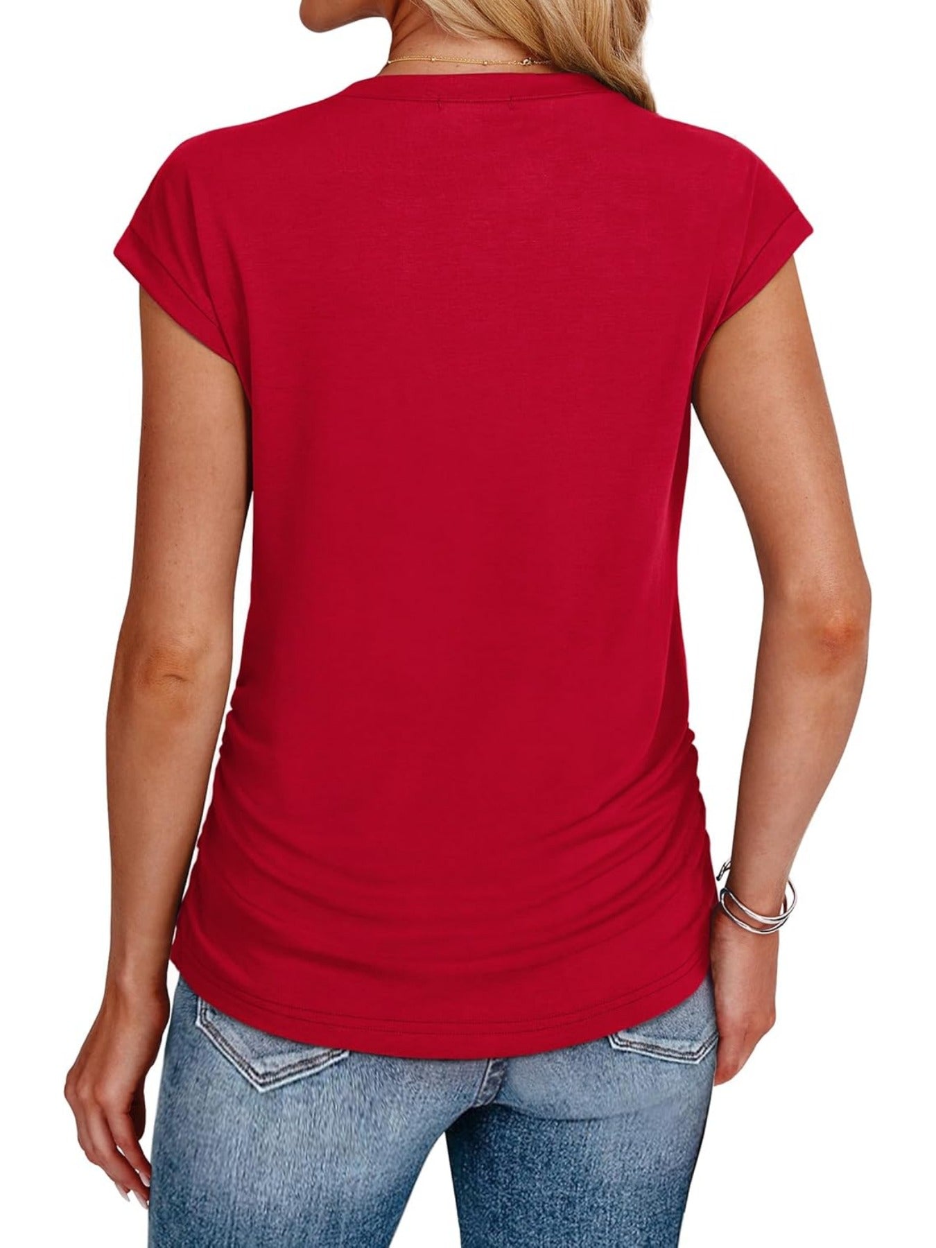 Solid Color Crew Neck Ruched Cap Short Sleeve T Shirts