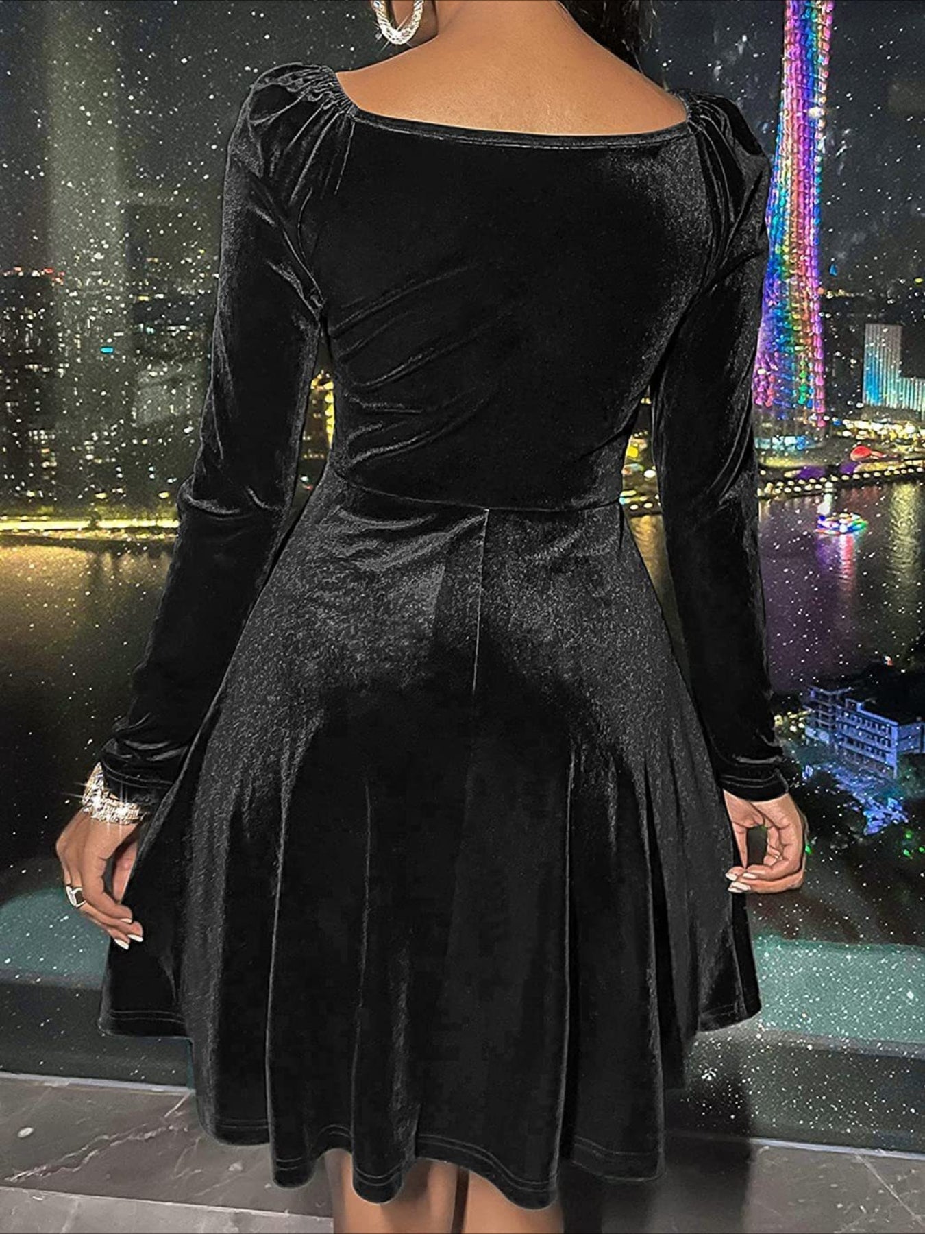 Plain Spring/Fall V Neck Long Sleeve A-Line Midi Dress
