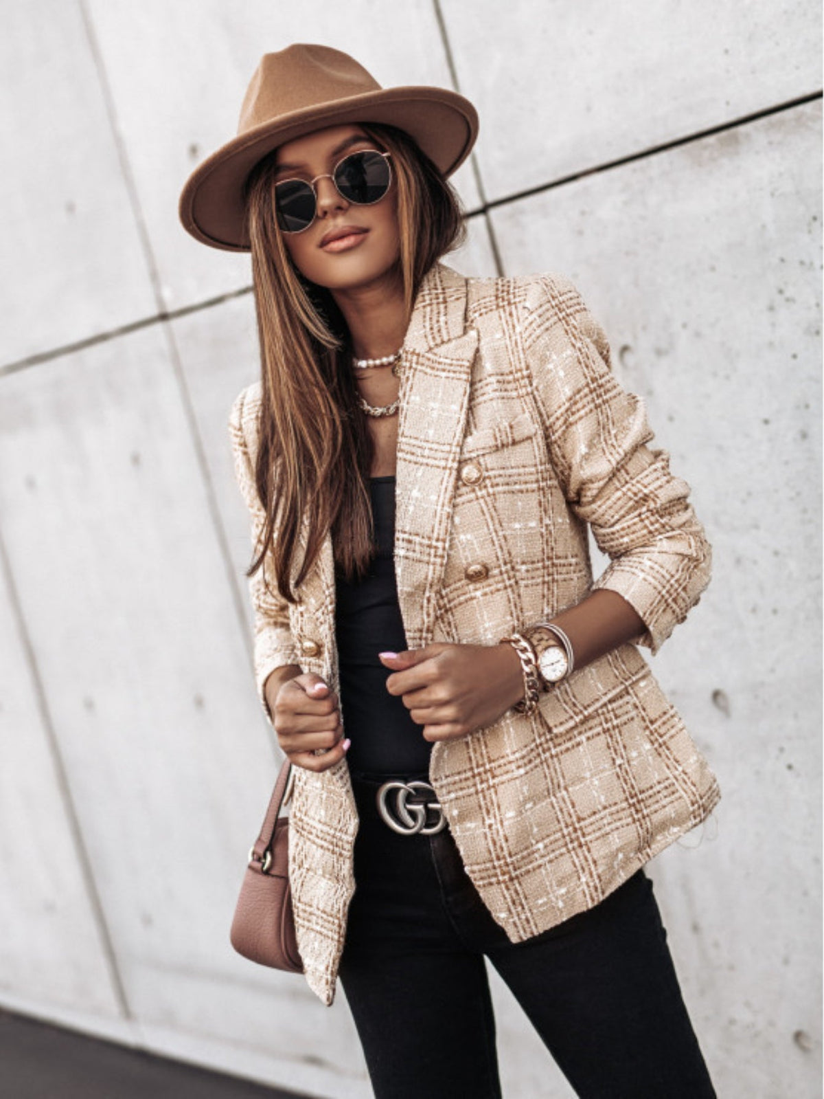 Double-breasted Notched Lapel Blazer, Elegant Plaid Tweed Long Sleeve Blazer For Office & Work