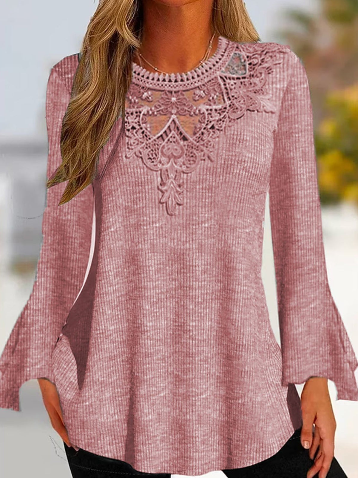 Casual Top, Women's Solid Contrast Lace Bell Sleeve Round Neck Medium Stretch Top