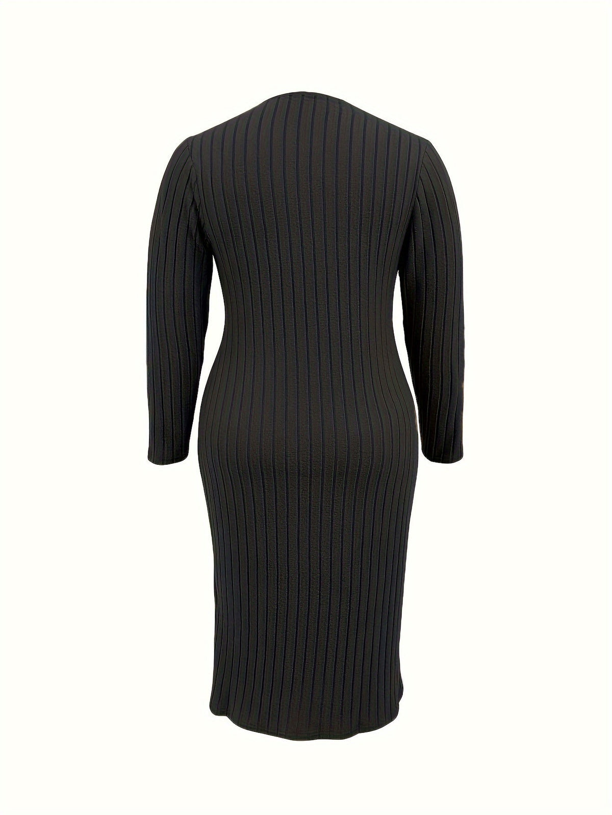 Basic Dress, Women's Solid Ribbed Long Sleeve Zipper V Neck Medium Stretch Bodycon Midi Dress