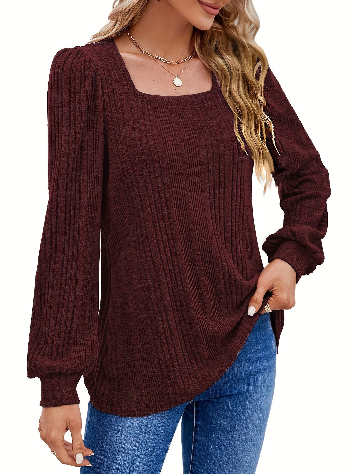 Solid Square Neck Rib Knit Top, Elegant Long Sleeve Sweater