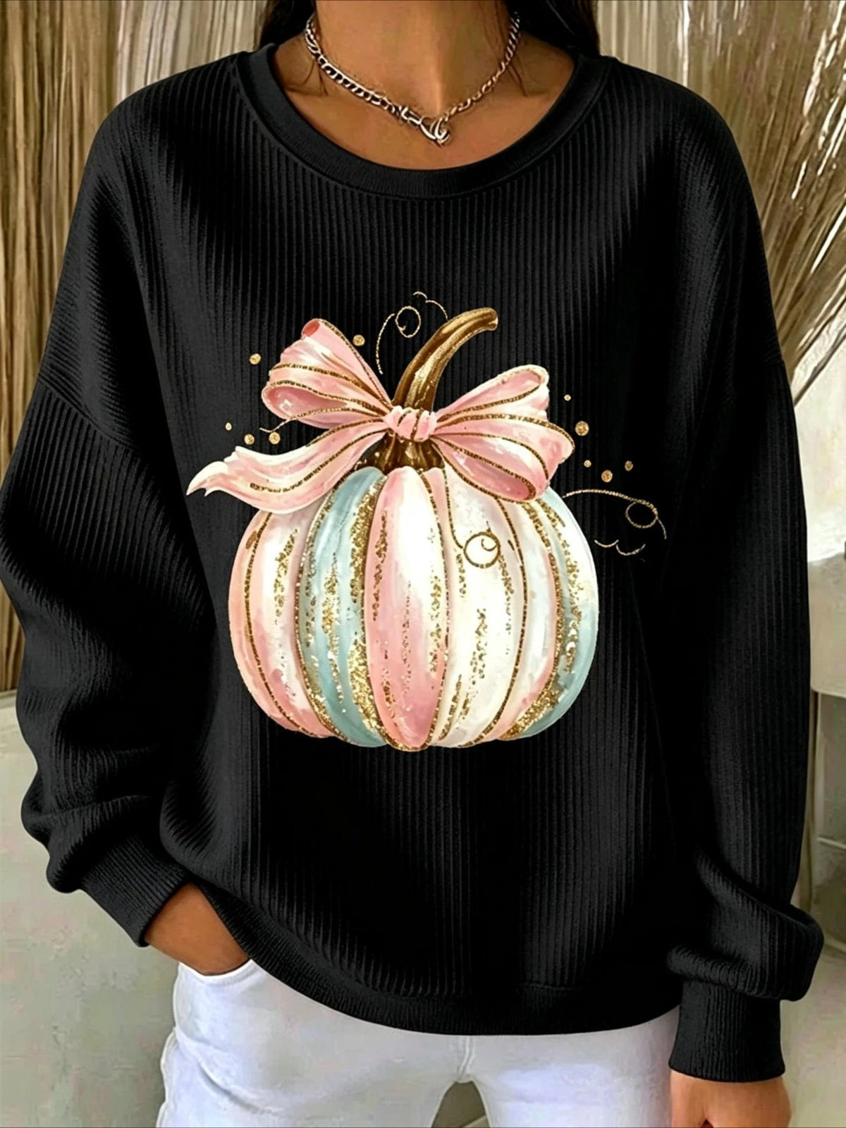 Pumpkins Halloween Printed Crew Neck Floral Long Sleeve Sweater Hoodie