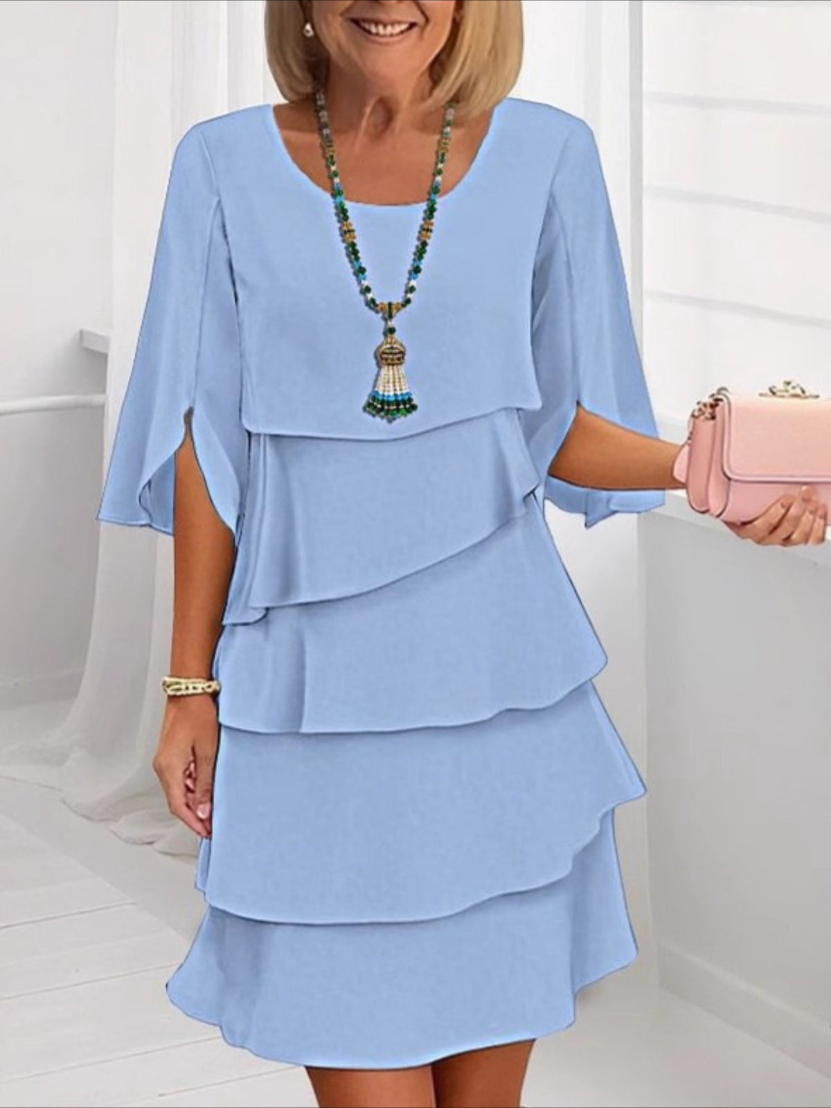 Solid Color Half Sleeve Crew Neck Mini Dress