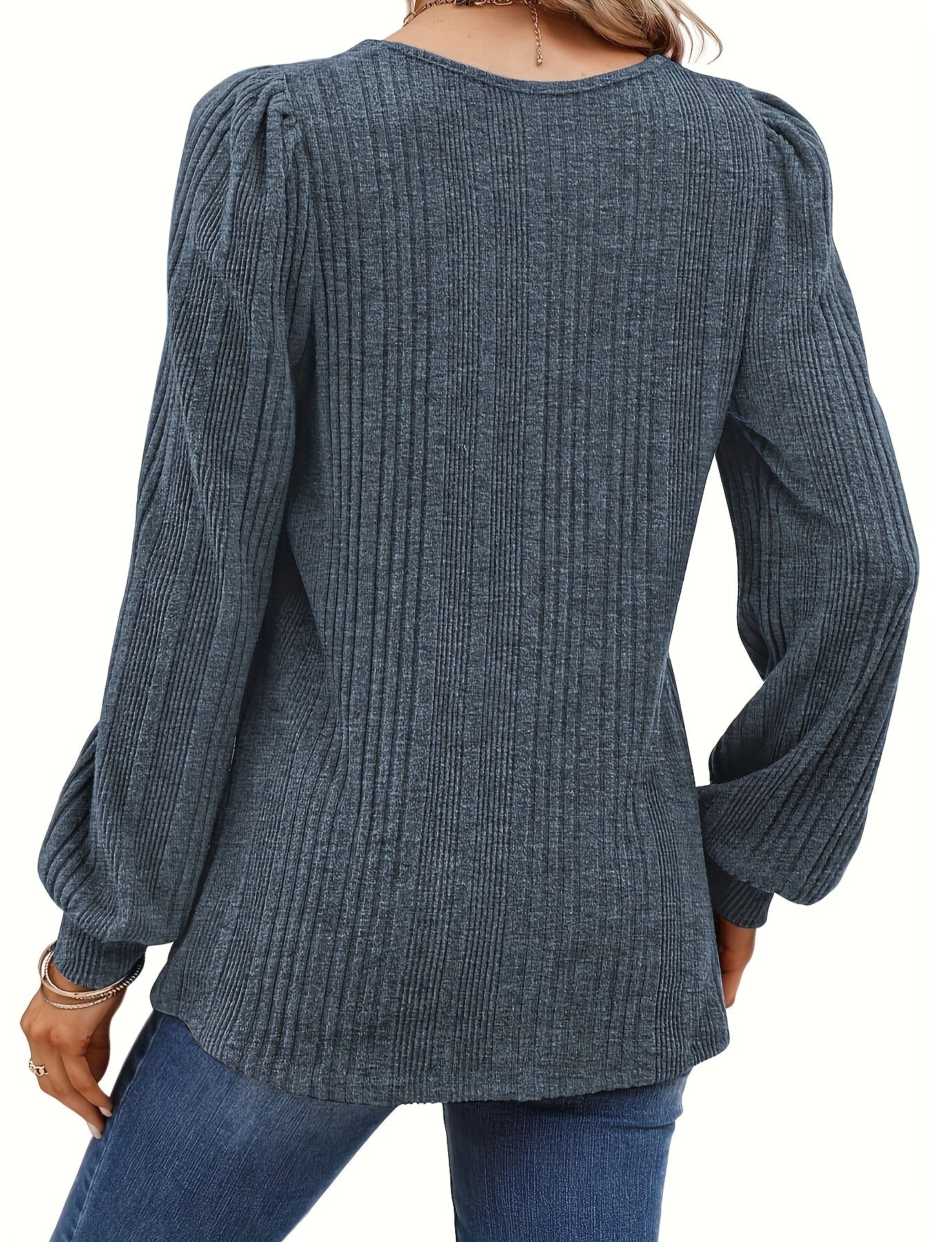 Solid Square Neck Rib Knit Top, Elegant Long Sleeve Sweater