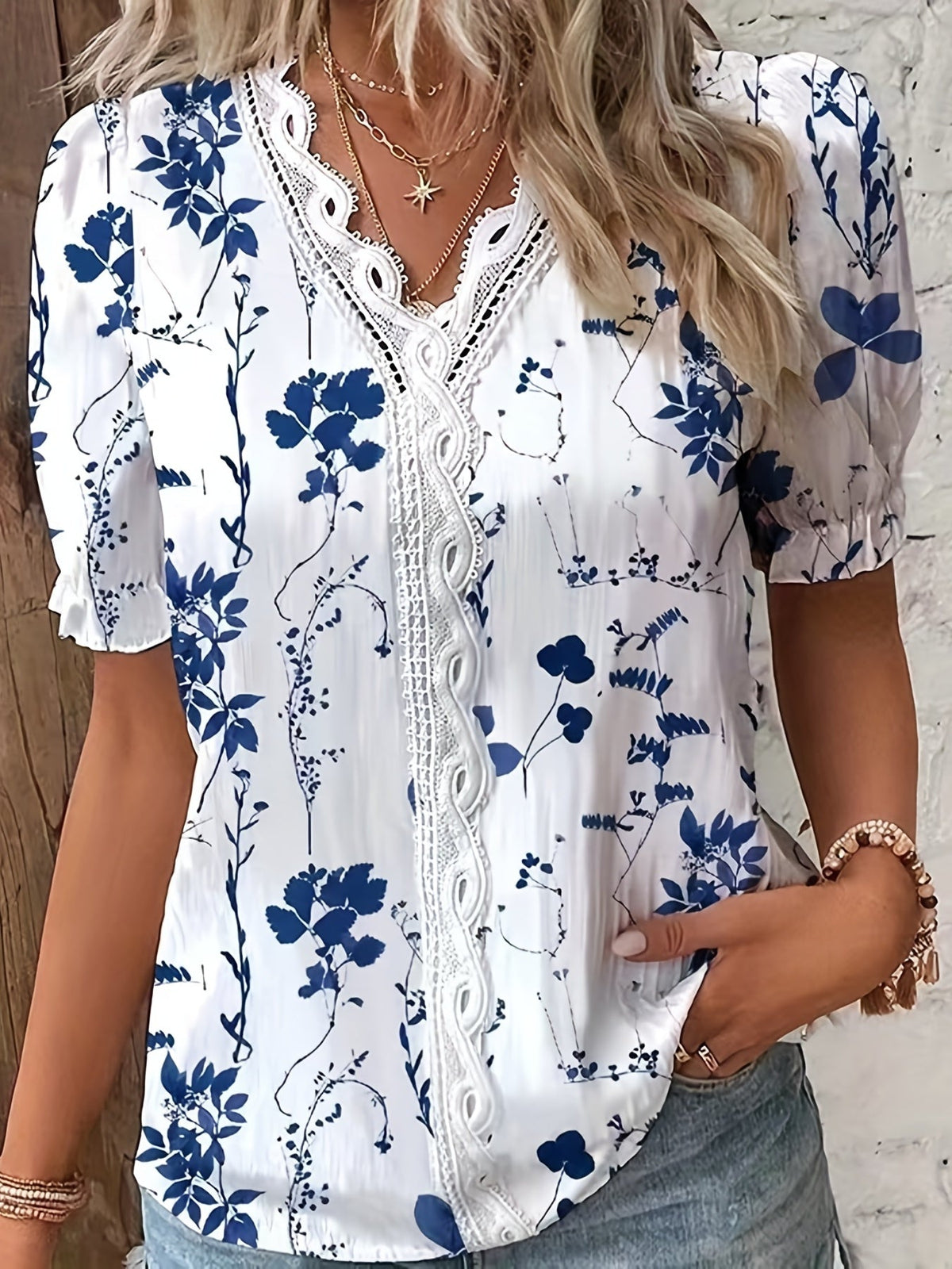 Floral Print Lace Trim Blouse, Vacation Striped V Neck Short Sleeve Blouse