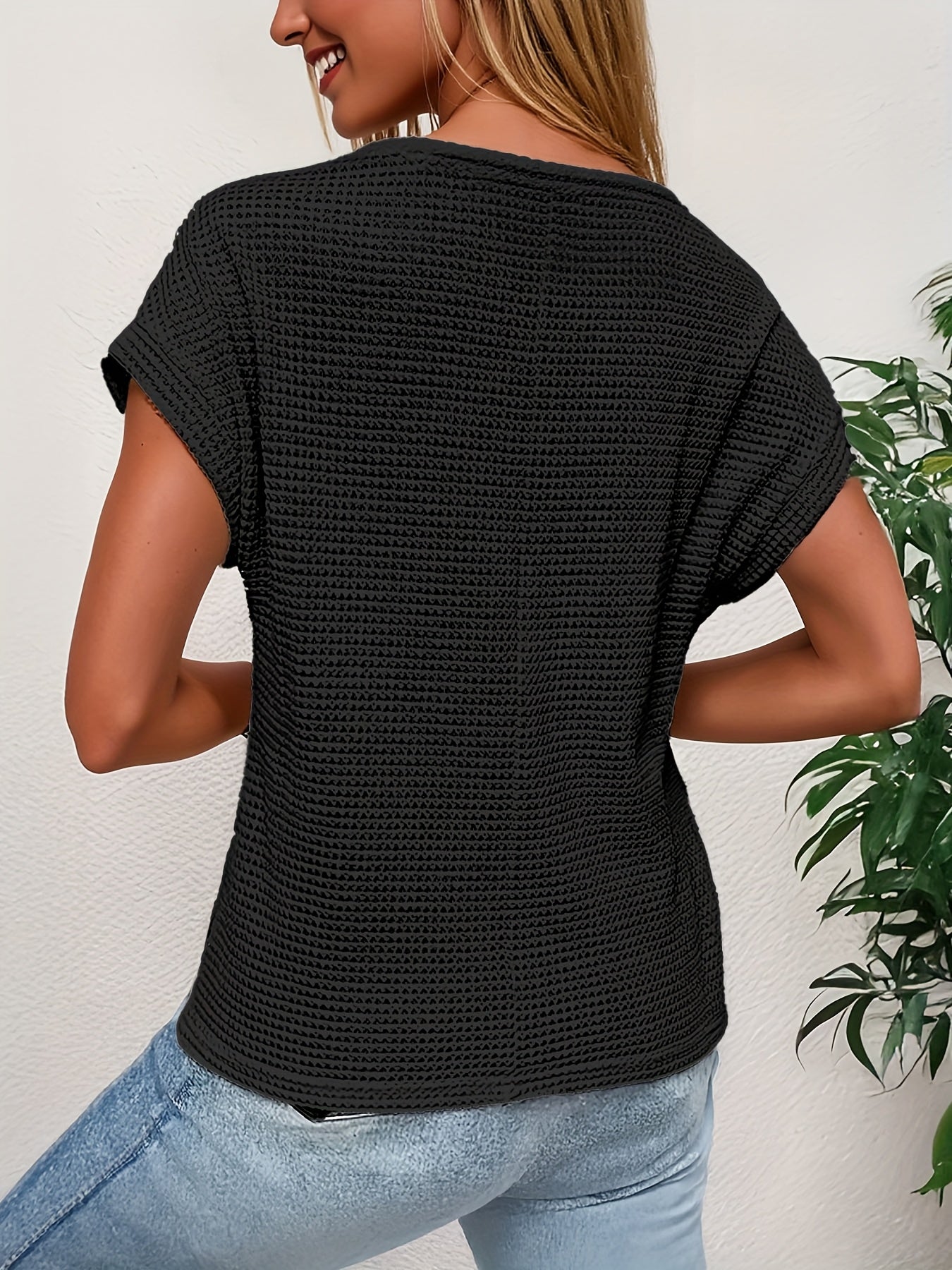 Casual Crew Neck Waffle Loose Solid Color Tops