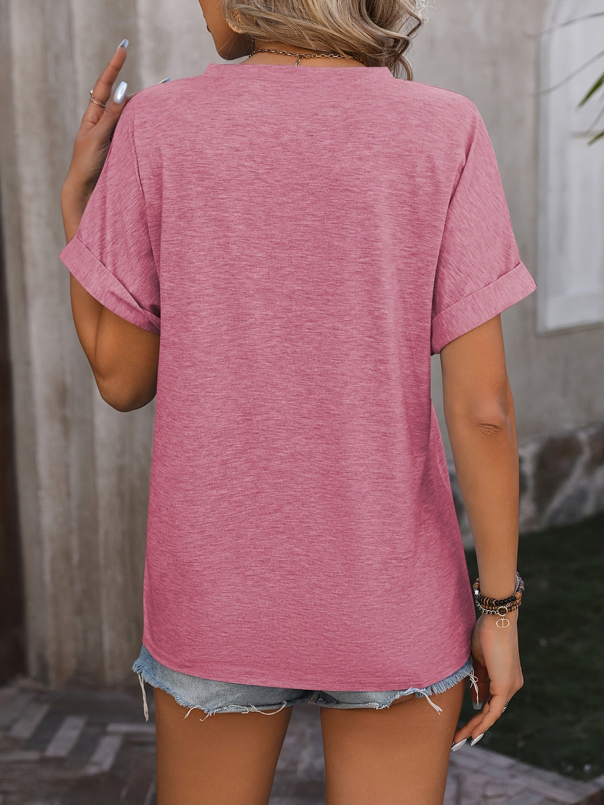 Casual V-neck Button Pure Color Loose Short-sleeved T-shirt