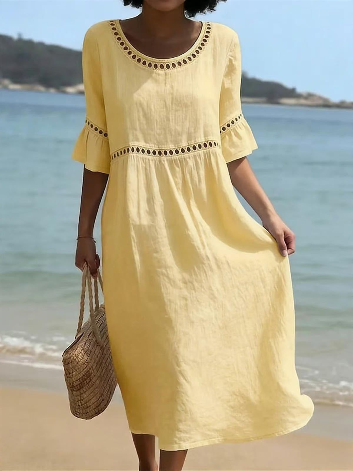 Color Retro Laced Lace Short Sleeve Round Neck Dress