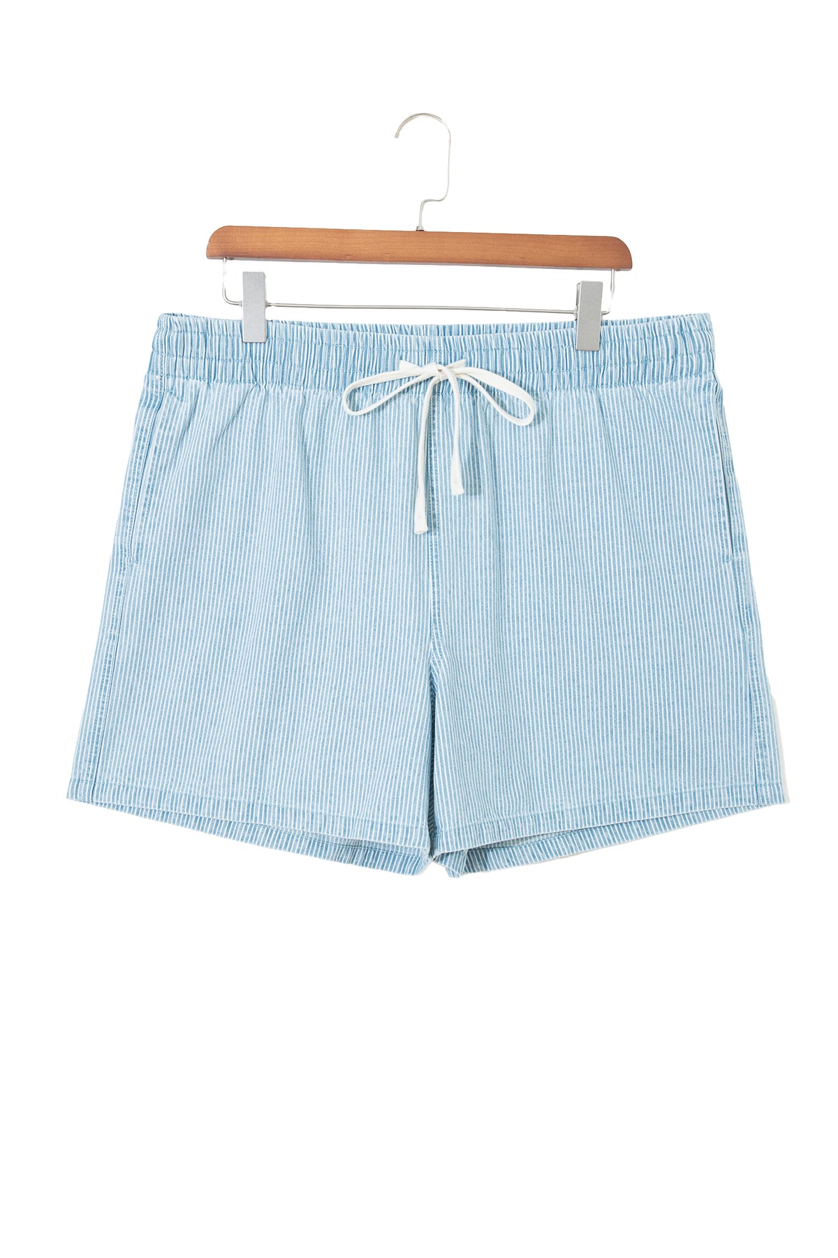 Sky Blue Stripe Plus Size Contrast Drawstring Elastic Waist Denim Shorts