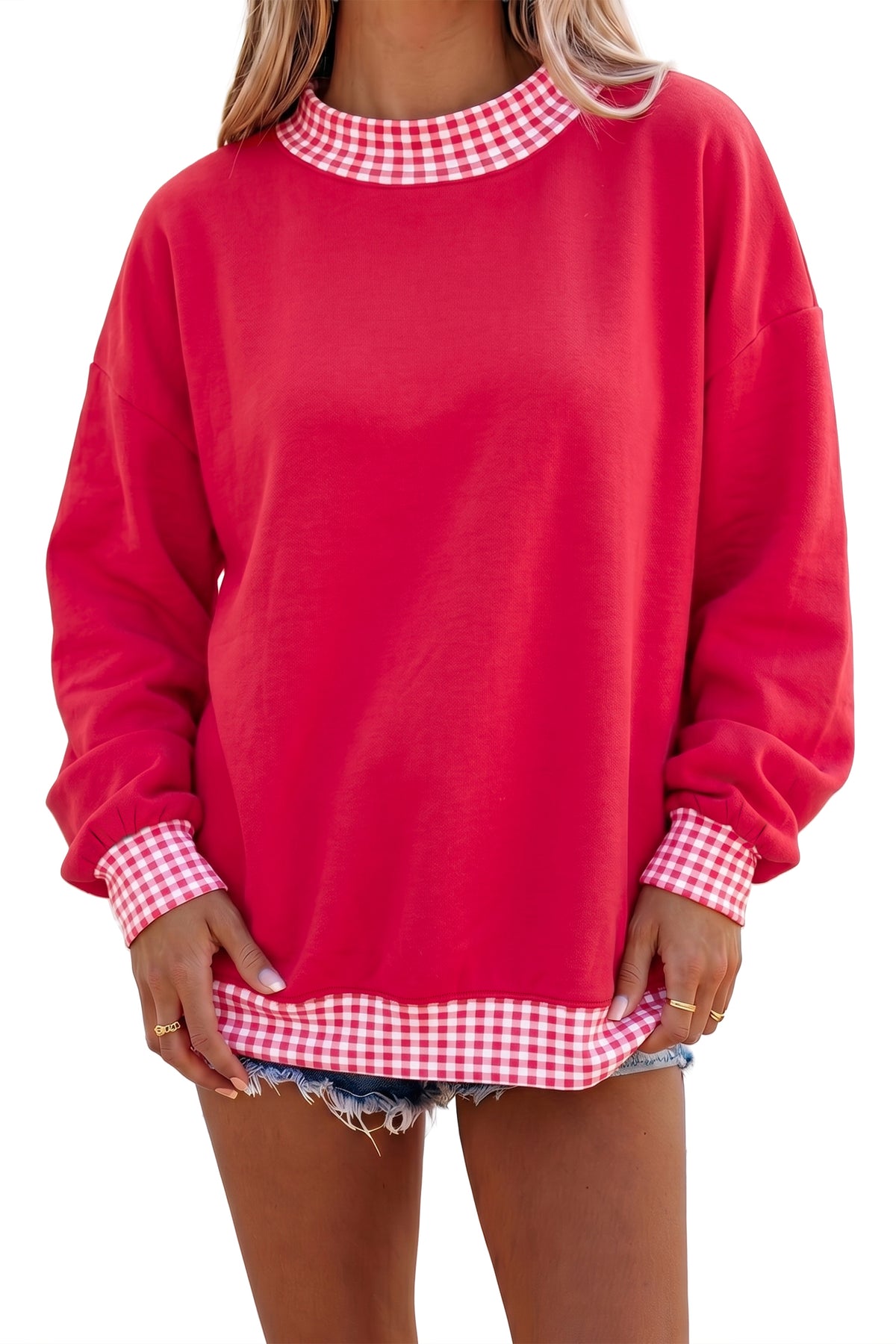 Red Colorblock Plaid Contrast Trim Oversized Sweatshirt