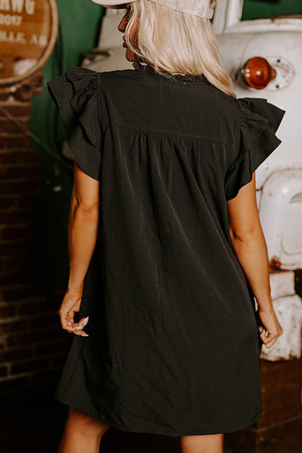 Black Frilled V Neck Pleated Ruffle Detail Short Shift Dress