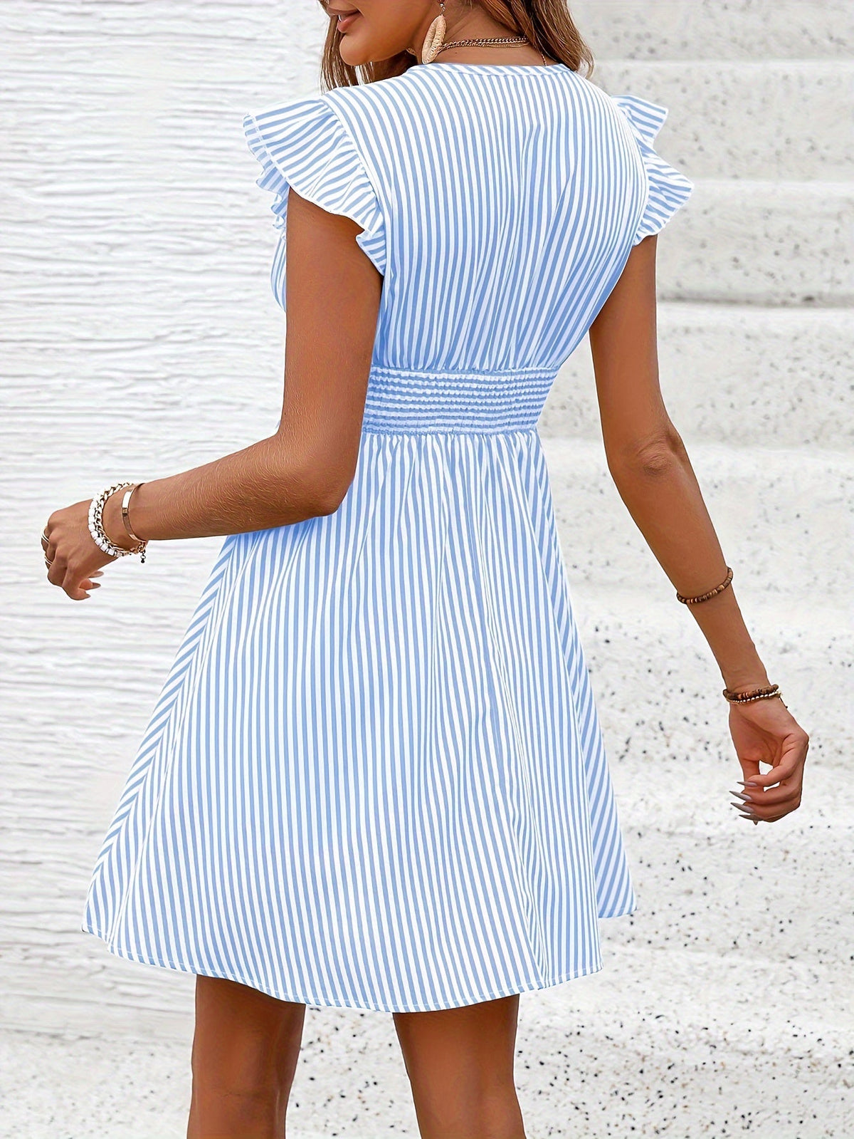 Summer Striped Surplice Dress with Flutter Sleeves and Shirred Waist